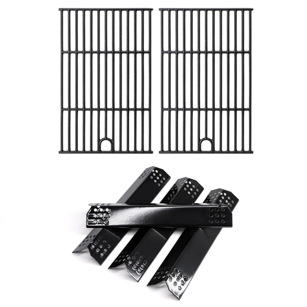 Adviace front view of replacement grates and flame tamers, restores grilling performance