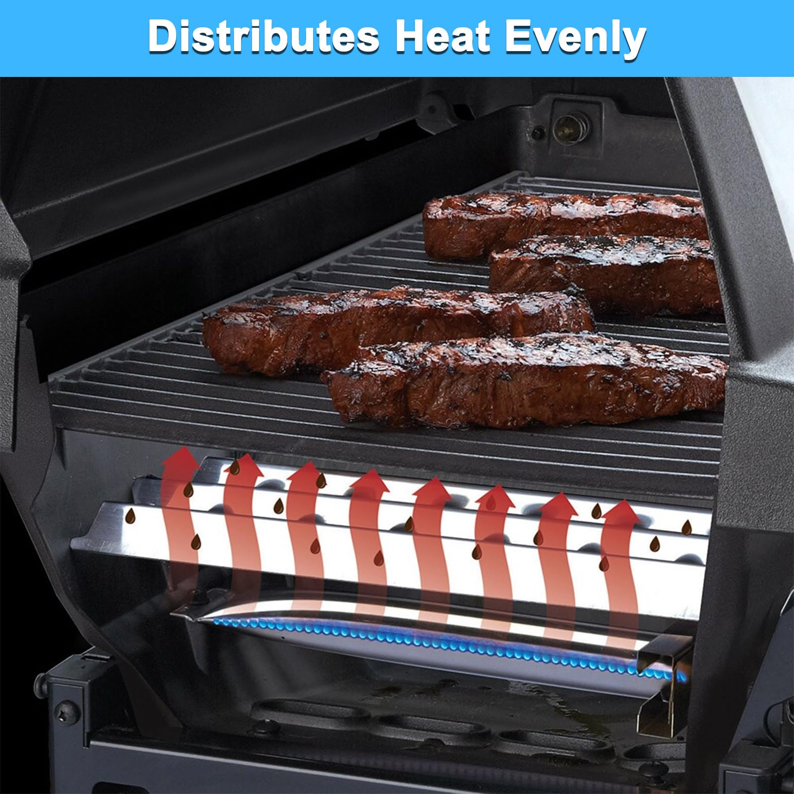 Adviace grates in grill in use demonstrating even cooking and improved sear results