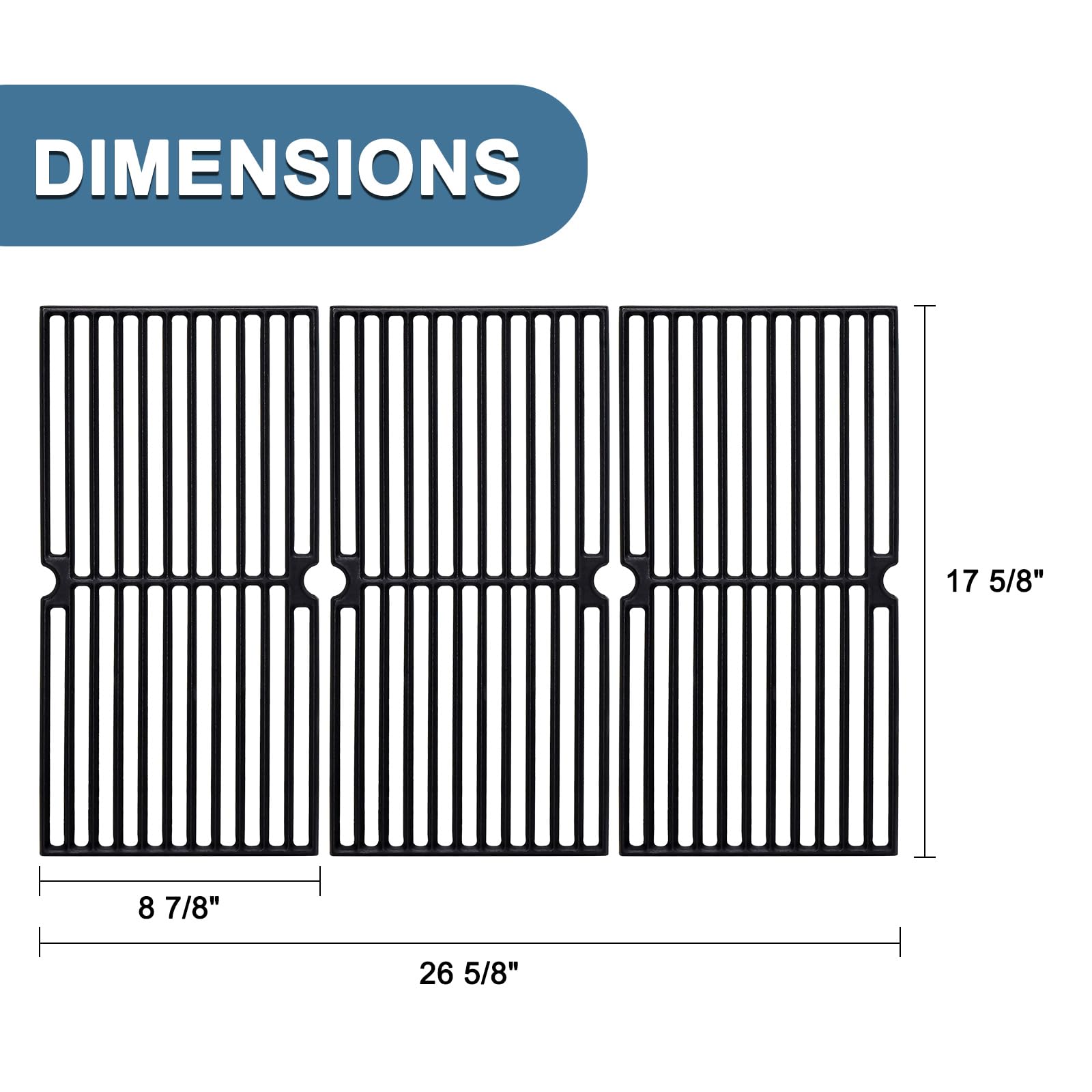 Adviace grates beside a tape measure showing 17 5/8 x 8 7/8 inch size, confirms compatibility