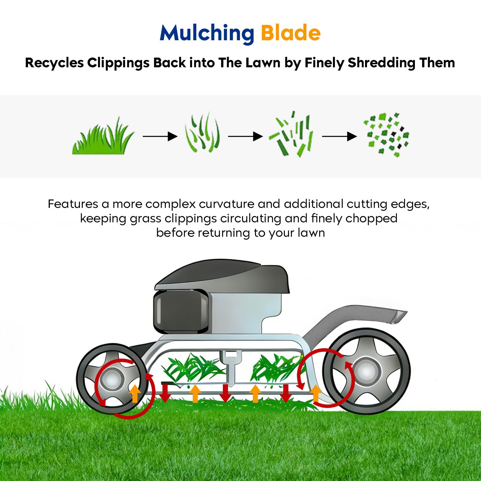 Aeagle mulching blades cutting tall grass showing finer clippings for healthier turf