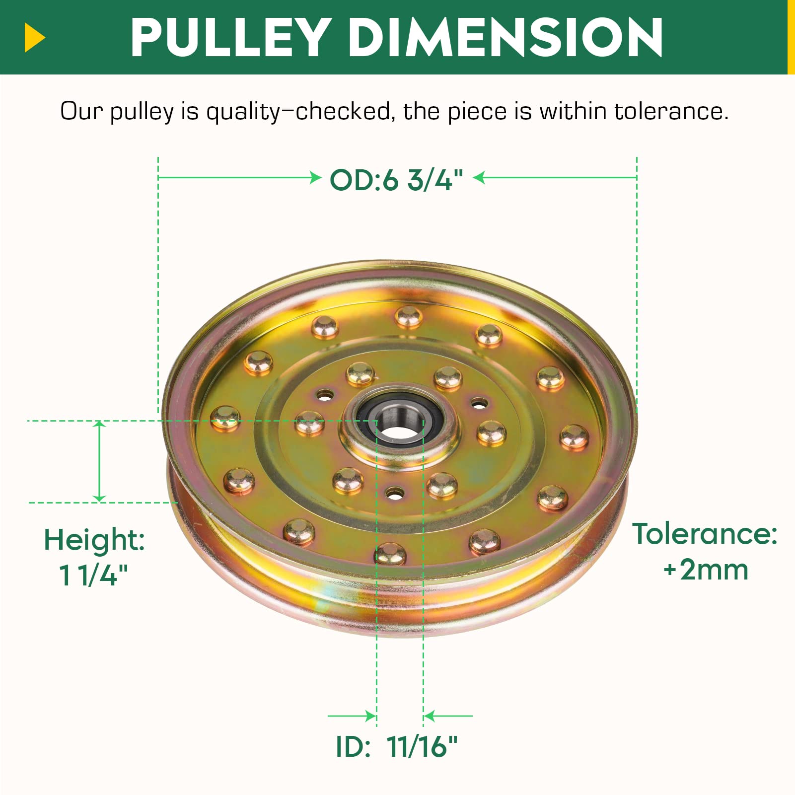 Aeagle idler pulley next to ruler showing precise dimensions for accurate fit