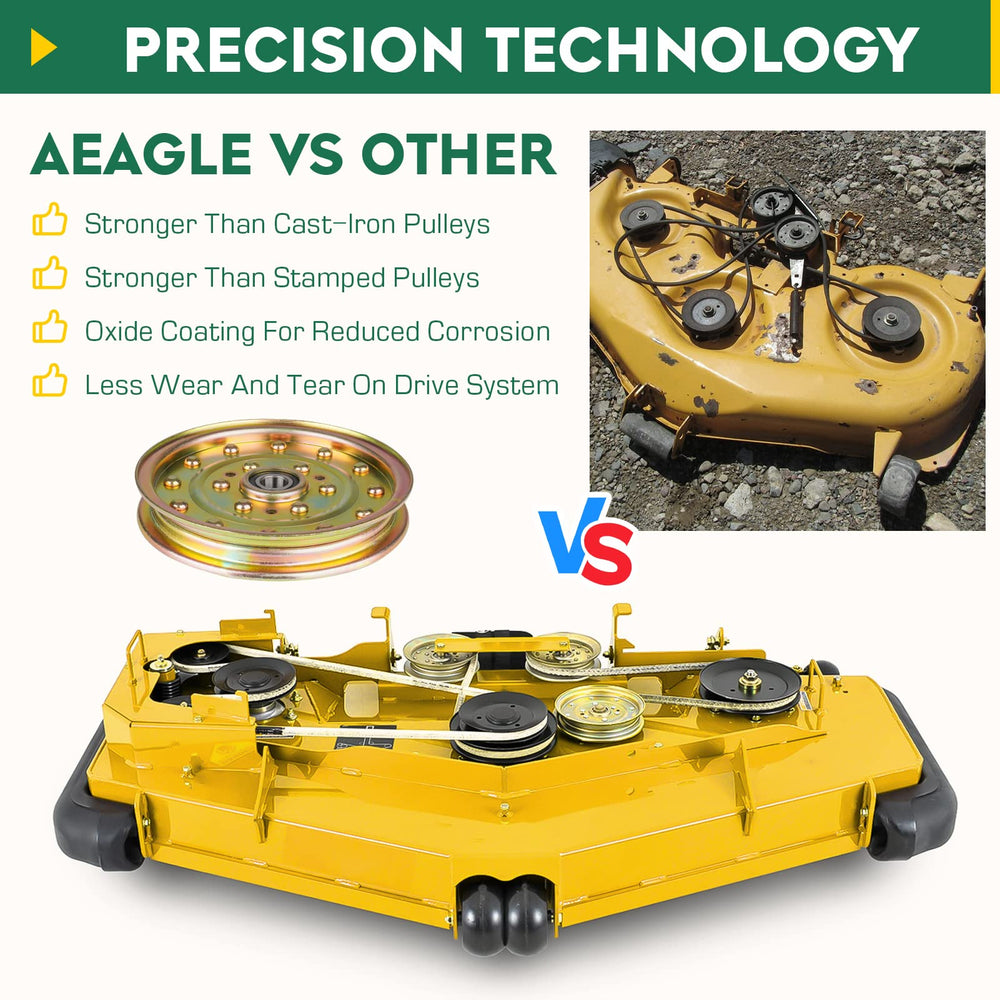 Aeagle idler pulley installed on mower deck demonstrating restored belt tracking