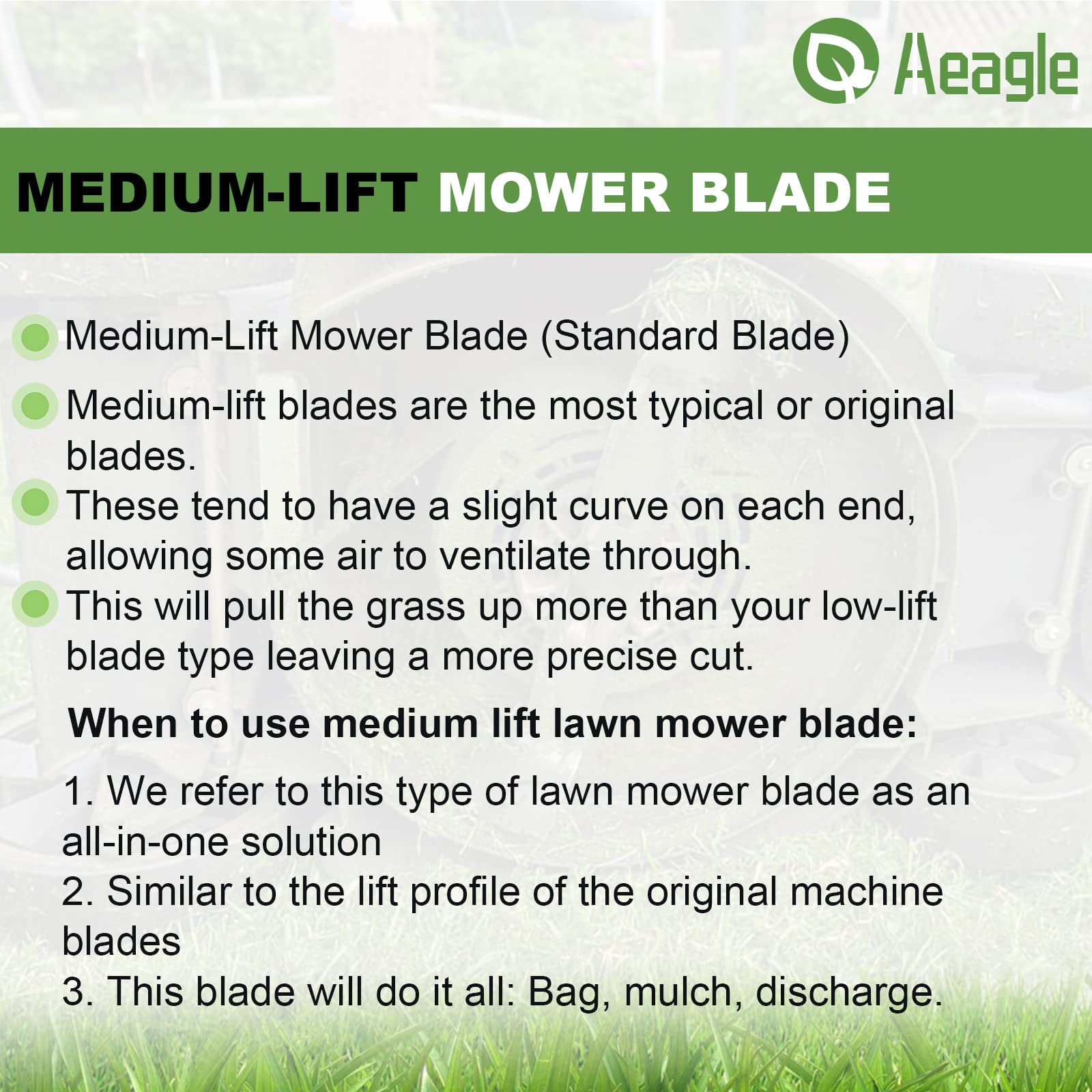 Aeagle blade installed on zero-turn mower in grass for even mowing