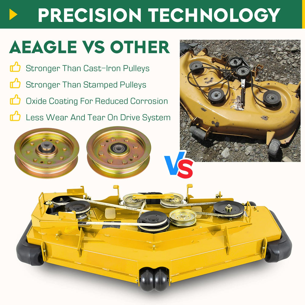 Aeagle two-pack pulleys next to measuring tape confirming OEM-sized dimensions