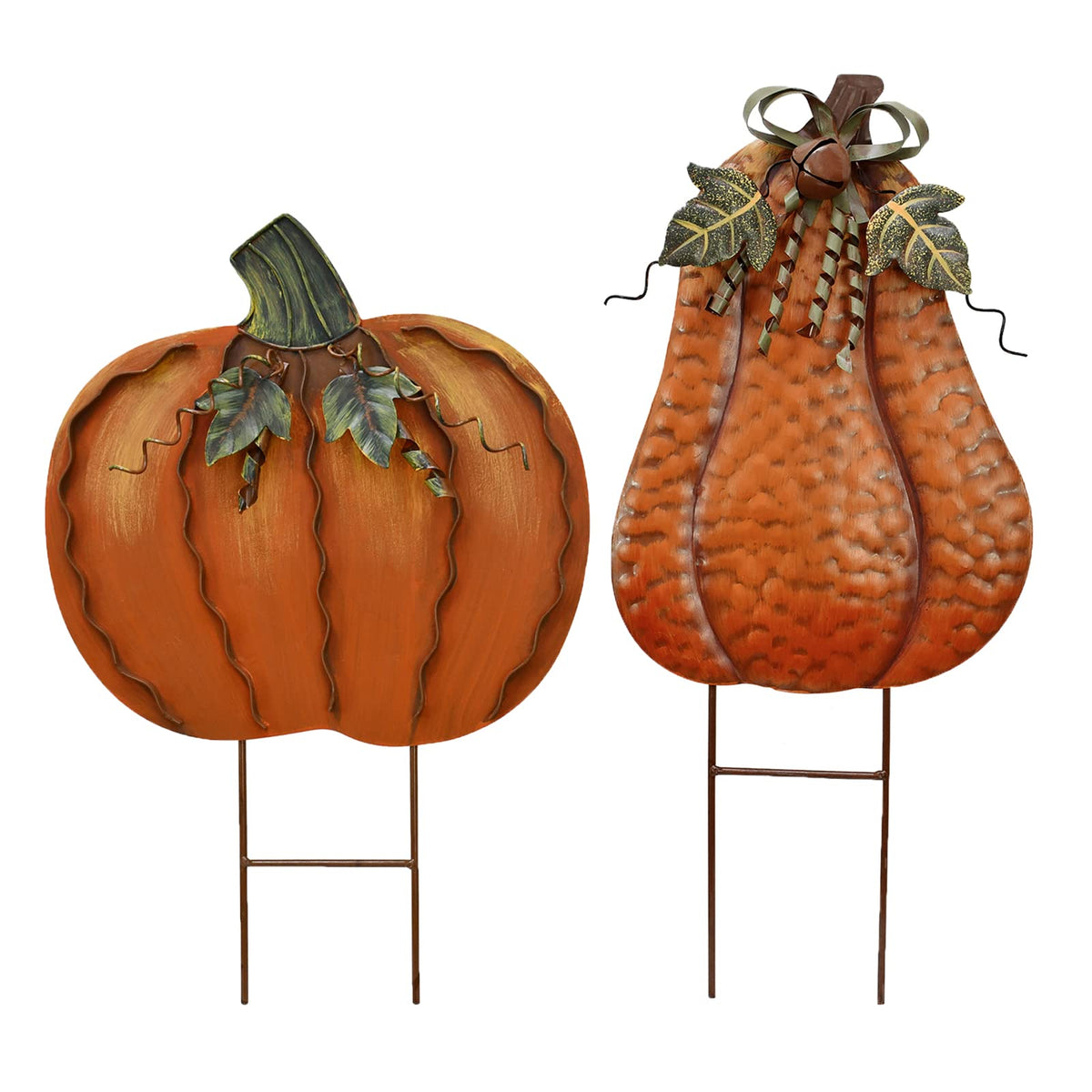 Aecipl front view of pumpkin stake showing vibrant orange paint and curly vine accents for seasonal charm