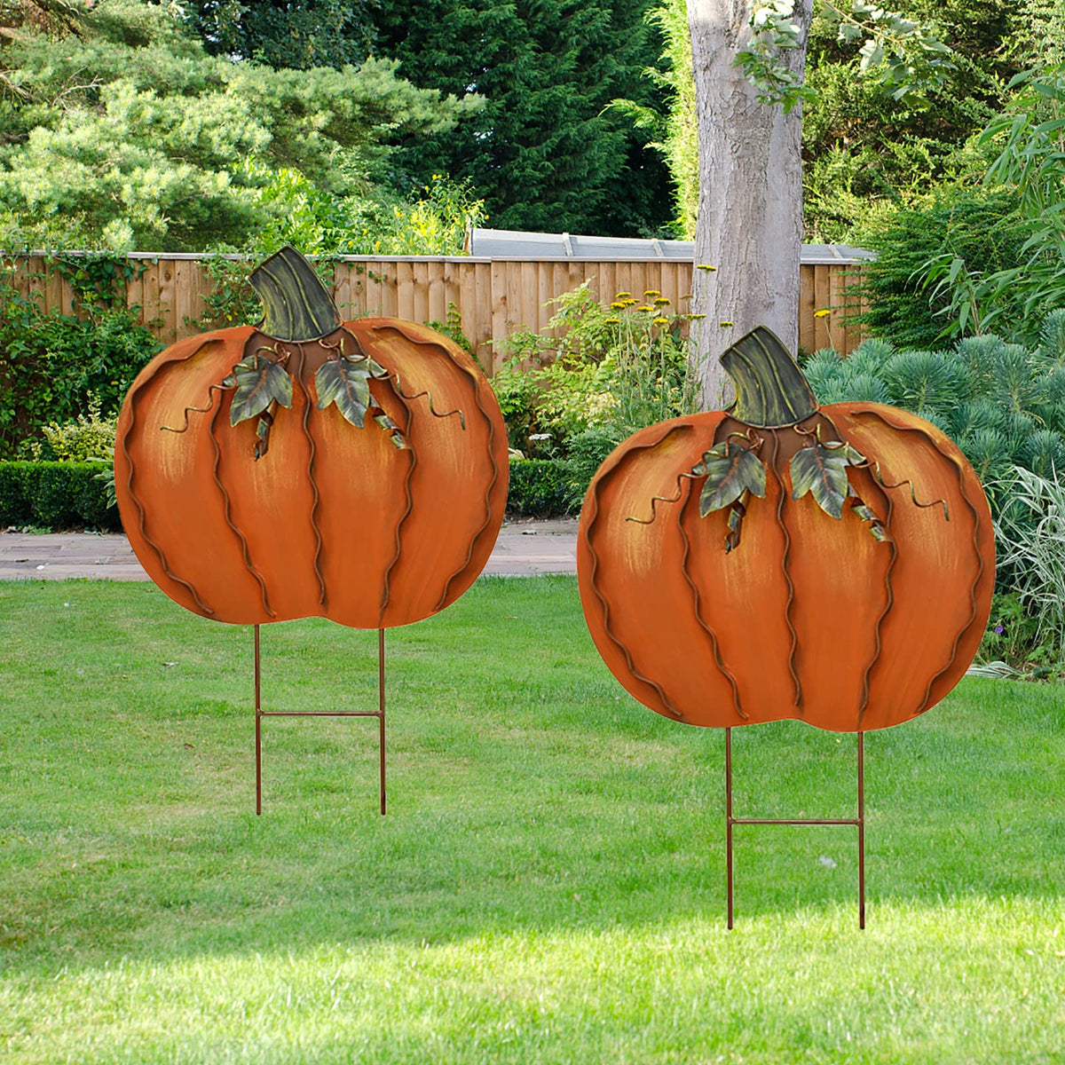 Aecipl pumpkin stake front view showing festive orange and green leaves benefit adds curb appeal