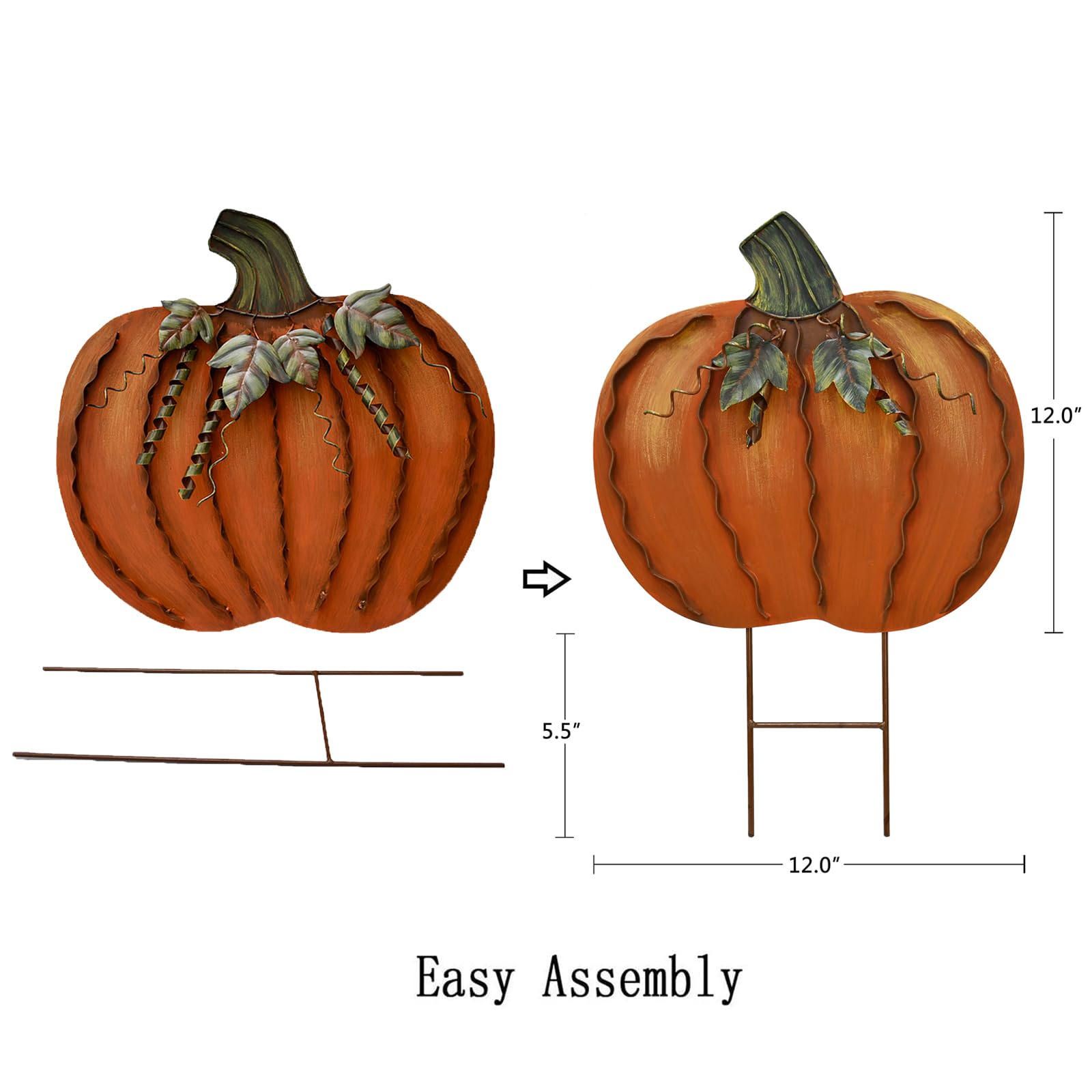 Aecipl pumpkin stake installed in garden bed providing seasonal color to landscaping
