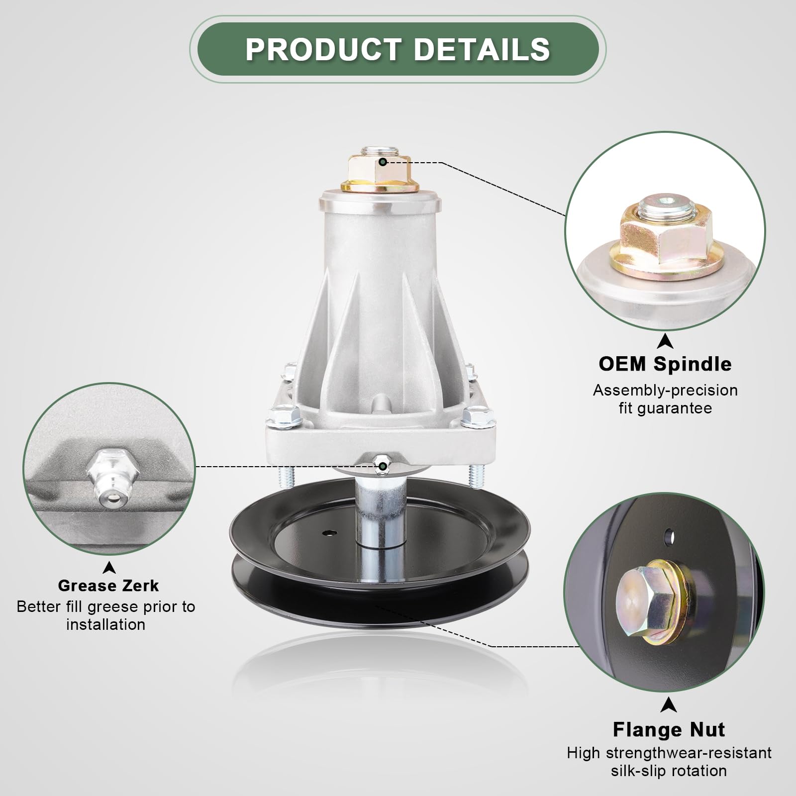 AEFHKM spindle shaft and threading detail ensuring secure blade attachment