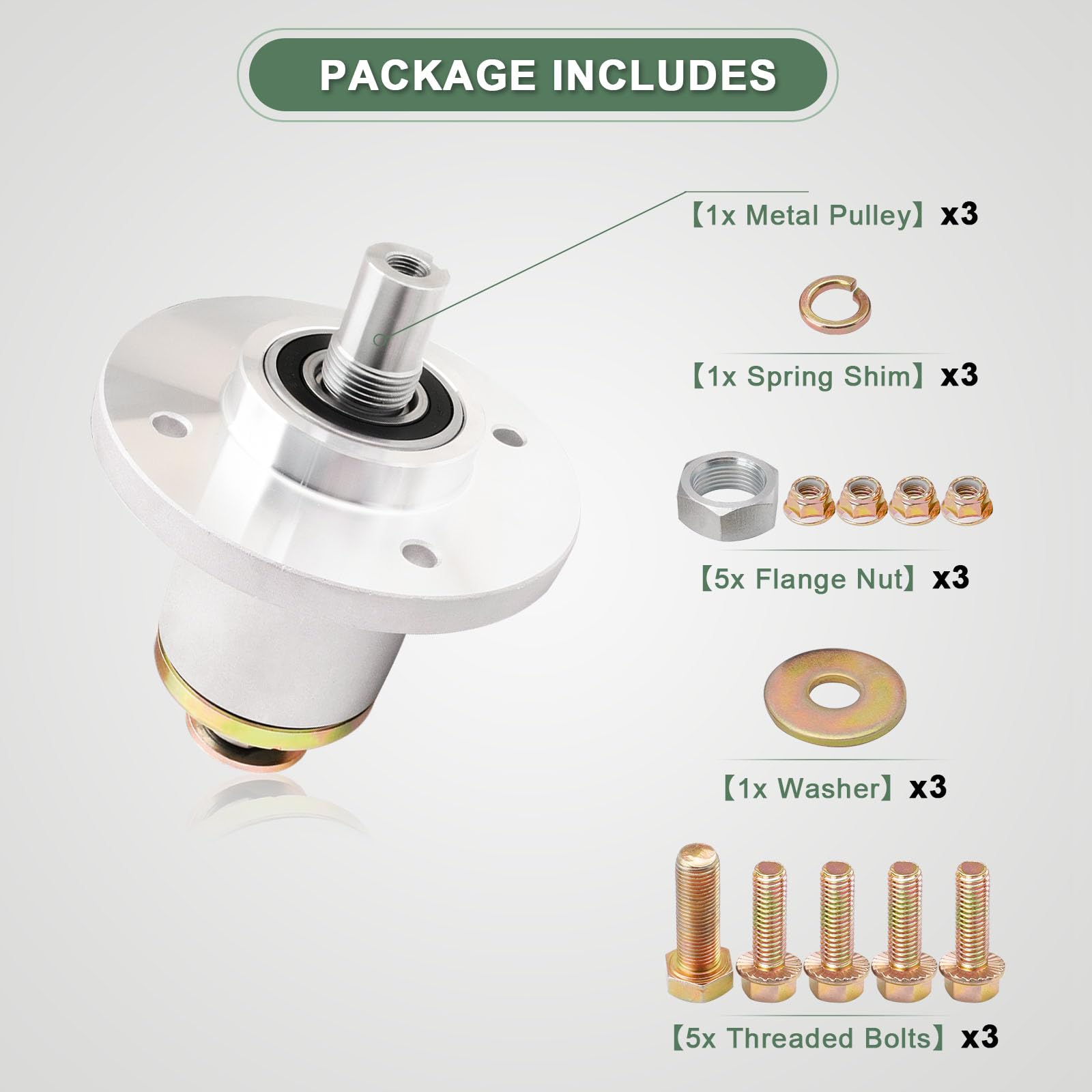 AEFHKM spindle with included bolts and nuts for quick installation