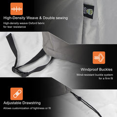 AEGIS COMFORT CARE buckles and straps securing cover to furniture for wind stability