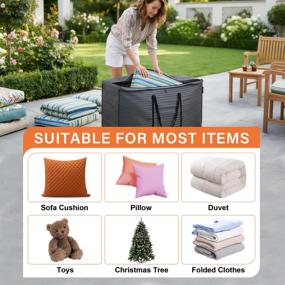 AEGIS COMFORT CARE bag filled with patio cushions demonstrating organized storage