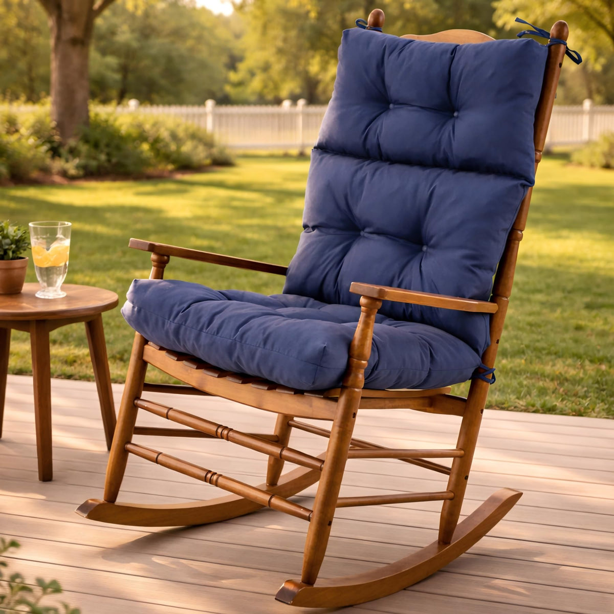 Aegisun front view of navy rocking chair cushion showing neat one-piece fit and comfort