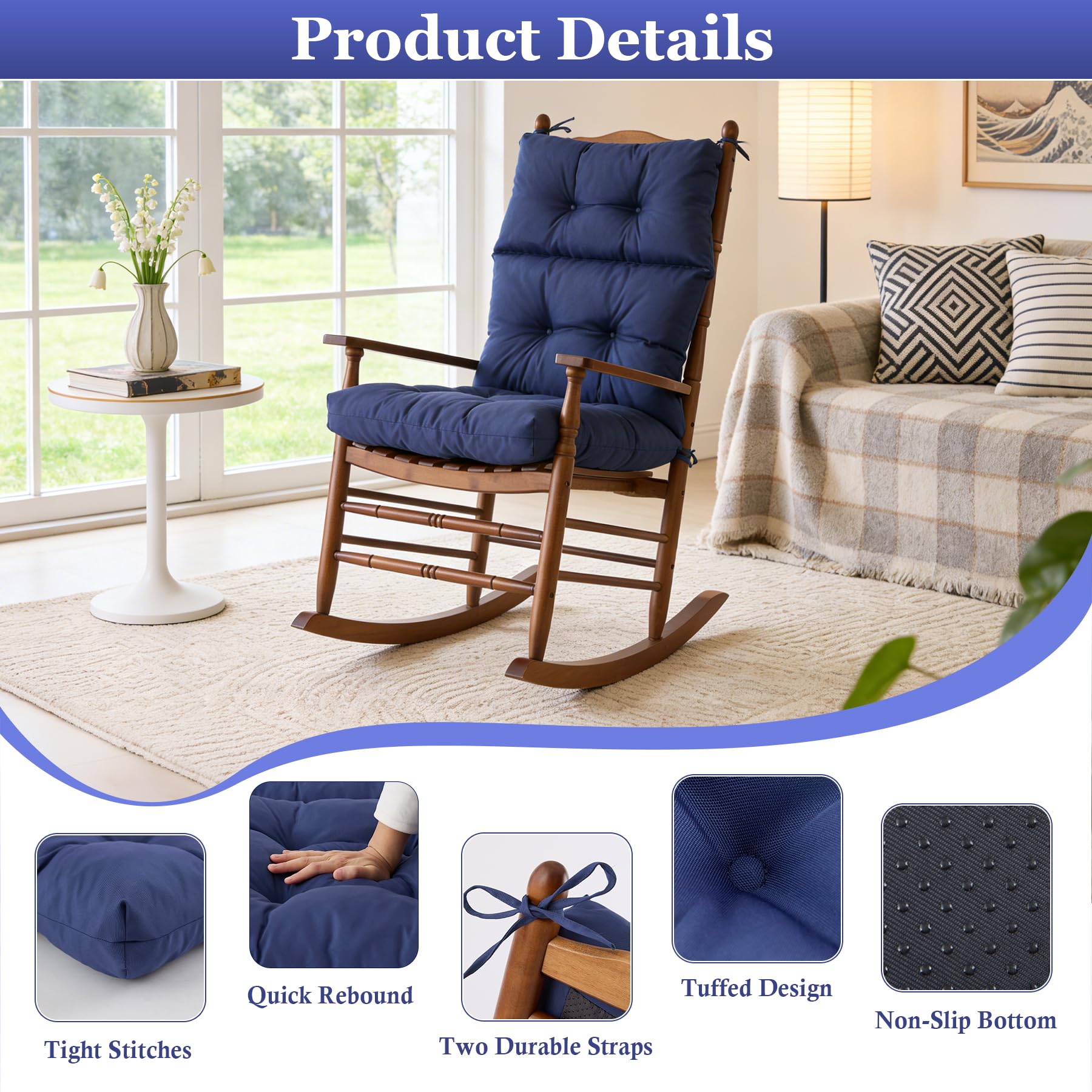 Aegisun navy cushion in a porch lifestyle scene enhancing outdoor seating comfort