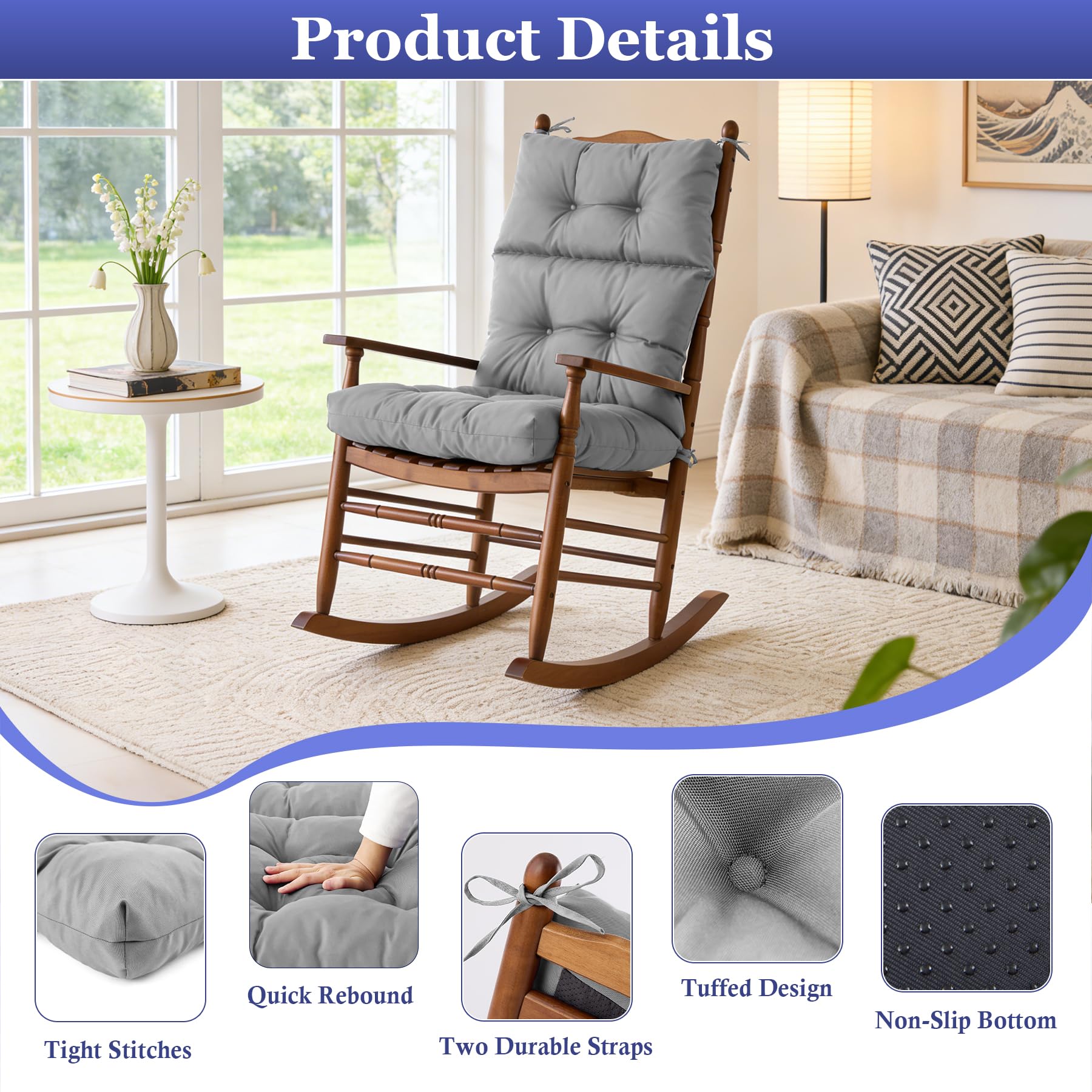 Aegisun cushion on a porch rocker conveying relaxed outdoor comfort and weather readiness