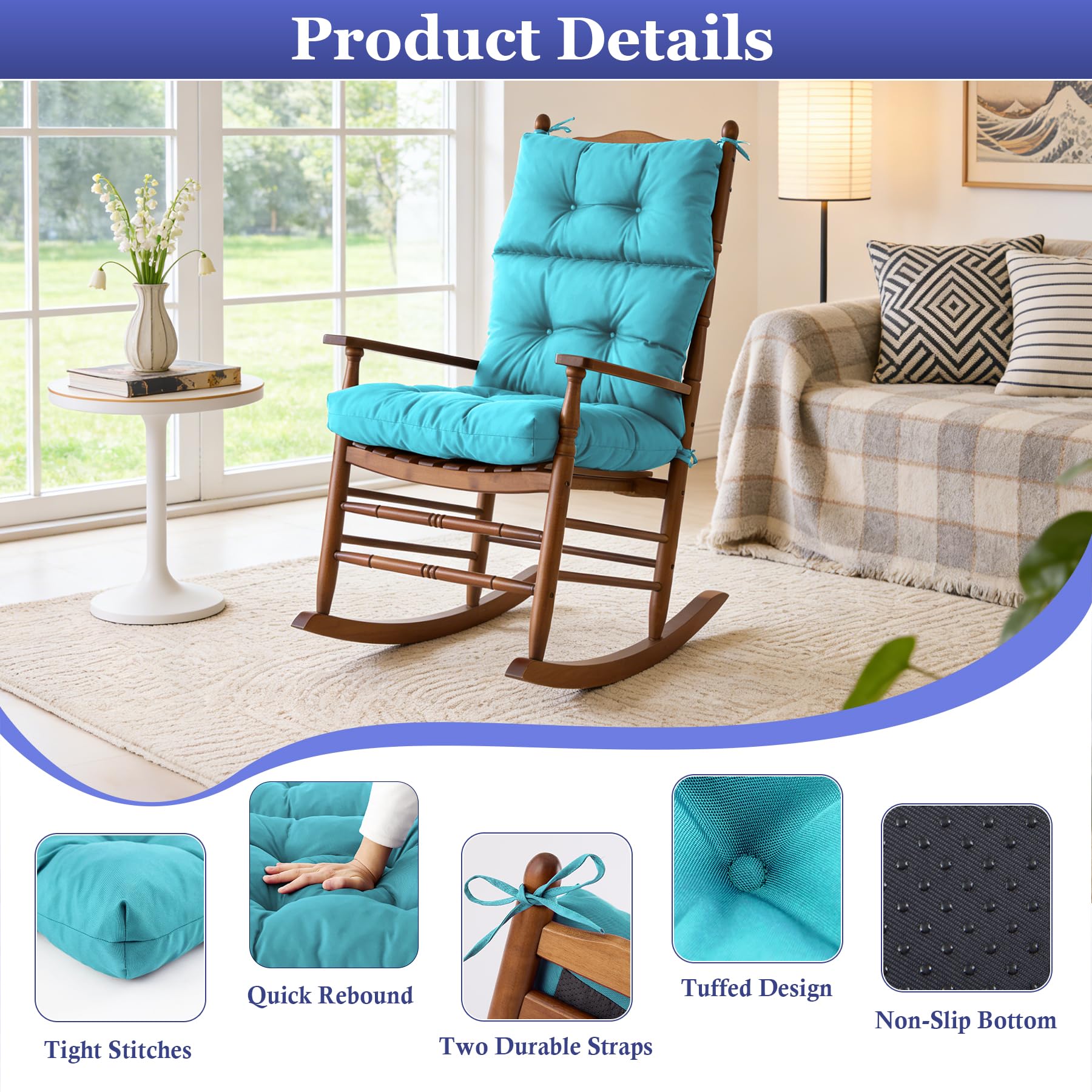 Aegisun cushion beside a chair for size comparison showing fit on standard rockers