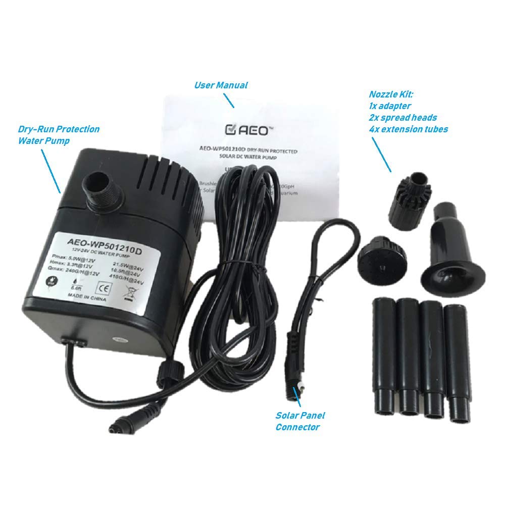 AEO WP50D connected to a solar panel, AEO enabling off-grid fountain operation