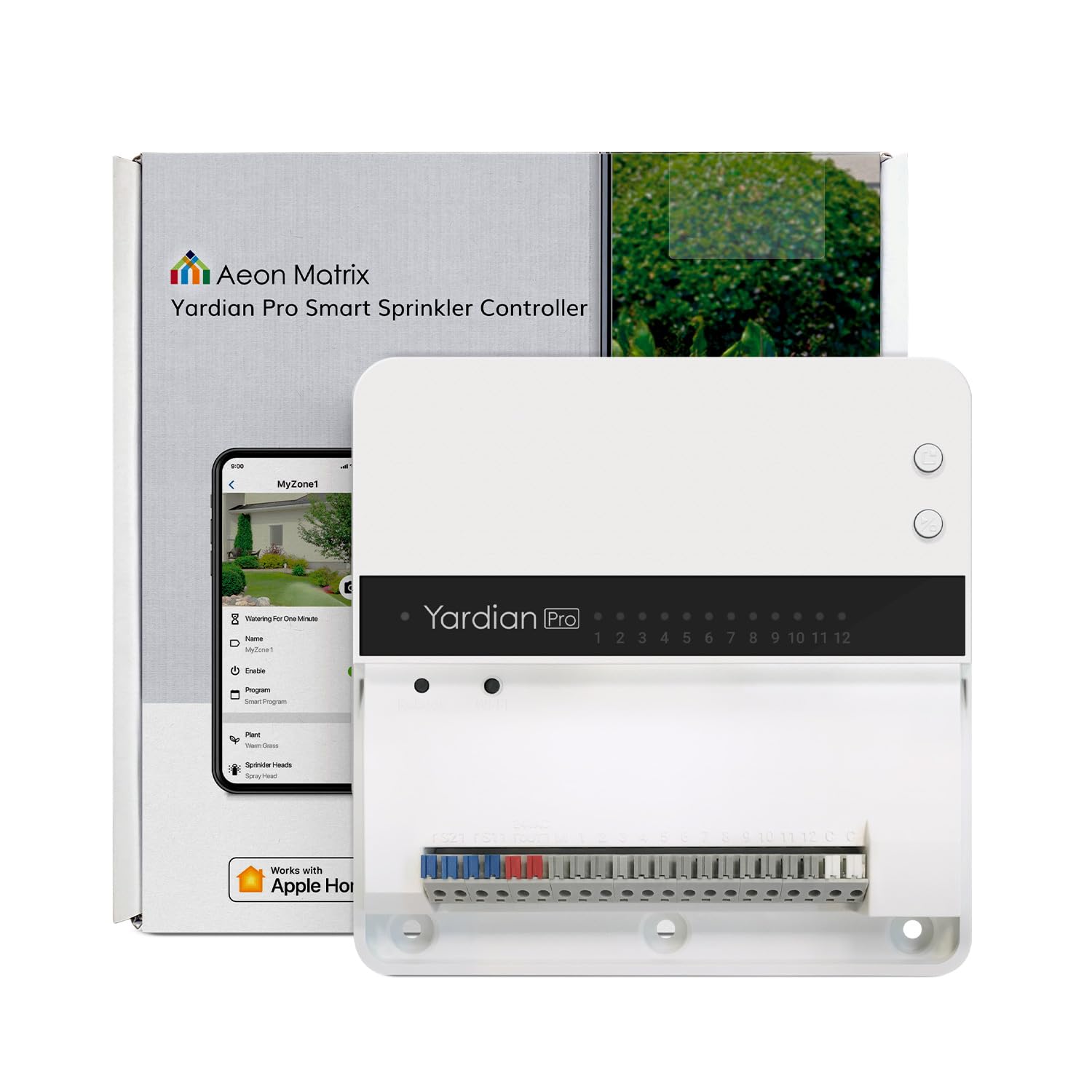 Aeon Matrix Yardian Pro next to sprinkler box for scale, quick retrofit and compact design