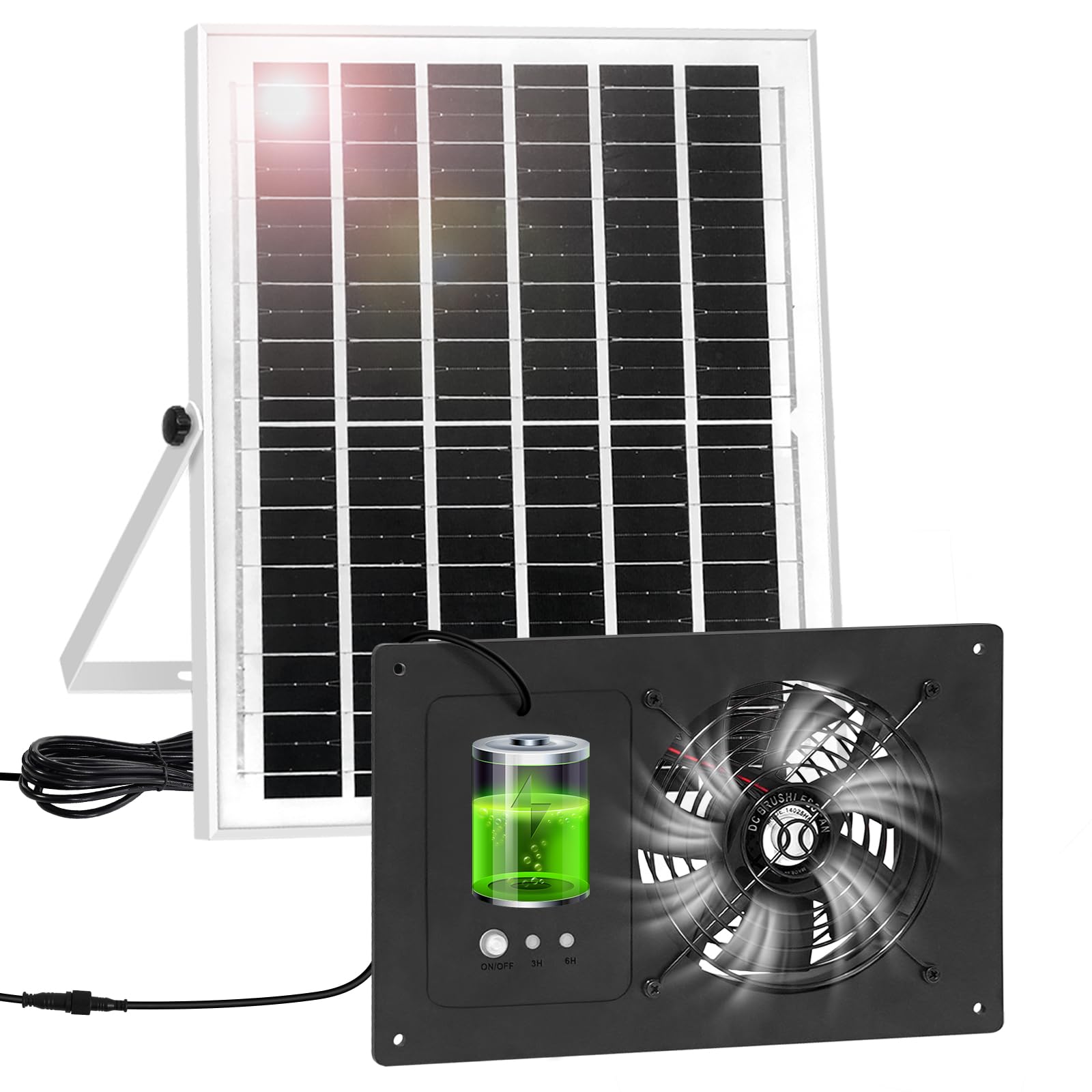 AEQ fan front view showing compact ventilation, improves coop airflow