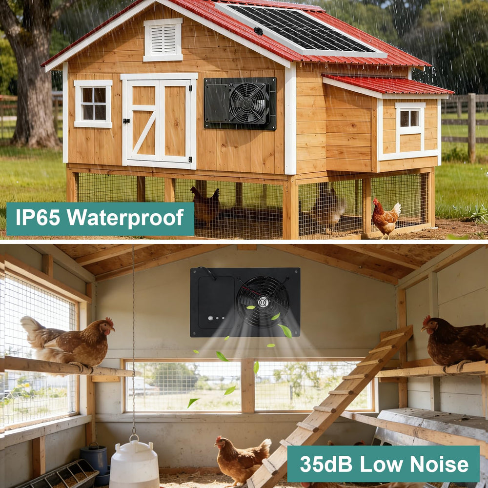 AEQ fan in lifestyle scene with hens, reduces heat and humidity