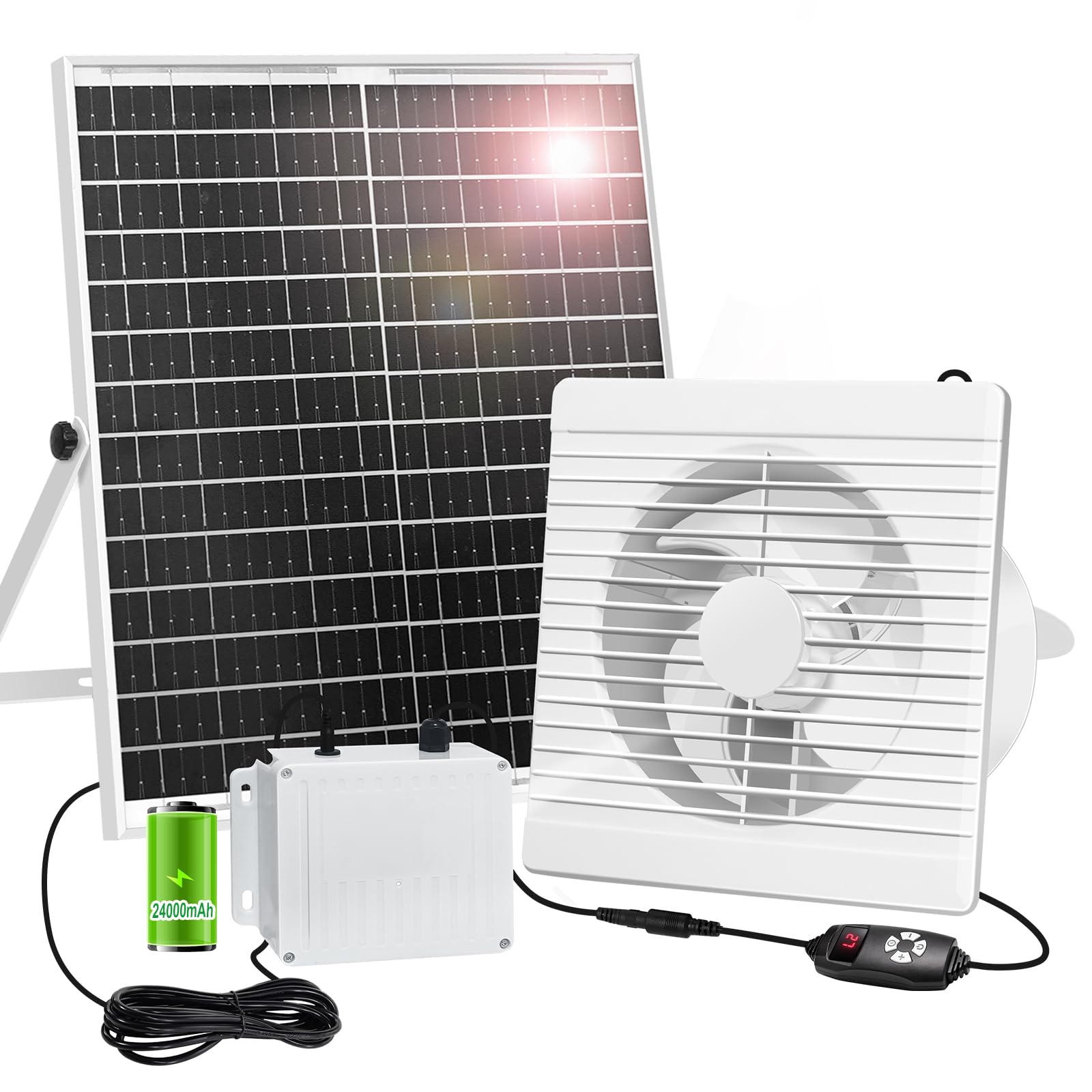 AEQ solar fan front view showing compact design and quiet ventilation benefit
