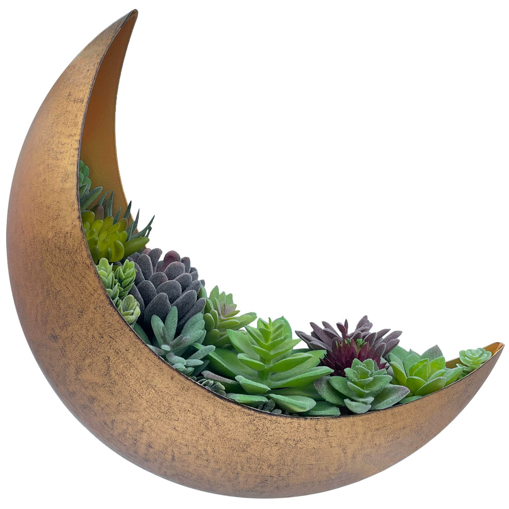 AERLO moon planter front view showing sculpted half-moon and brushed gold finish for decor