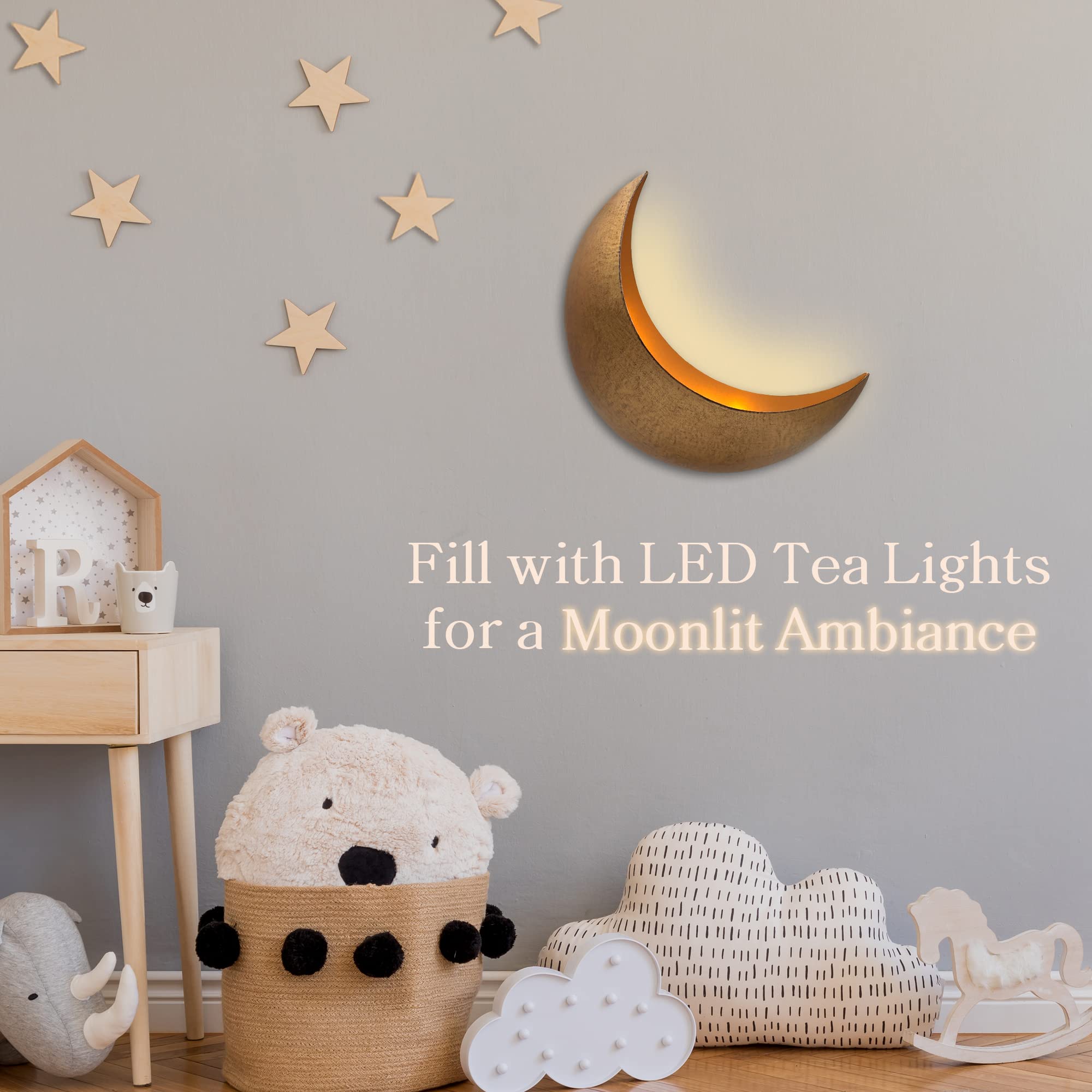 AERLO moon planter lit with battery tea lights demonstrating soft ambient lighting use