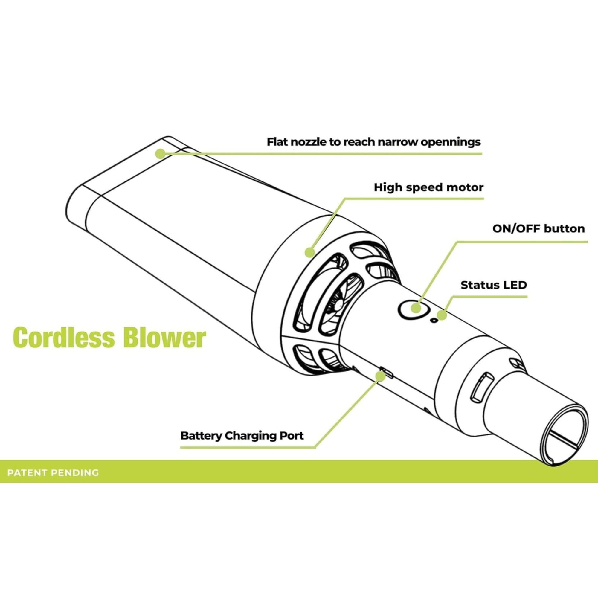 Aerobroom handle and dual-speed controls detail, Aerobroom easy-to-use operation