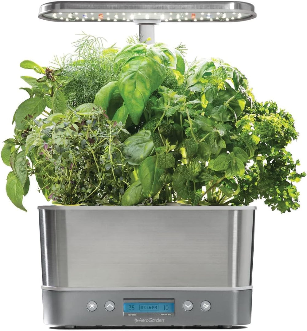 AeroGarden Harvest Elite front view showing stainless steel finish and six-plant layout for modern kitchens