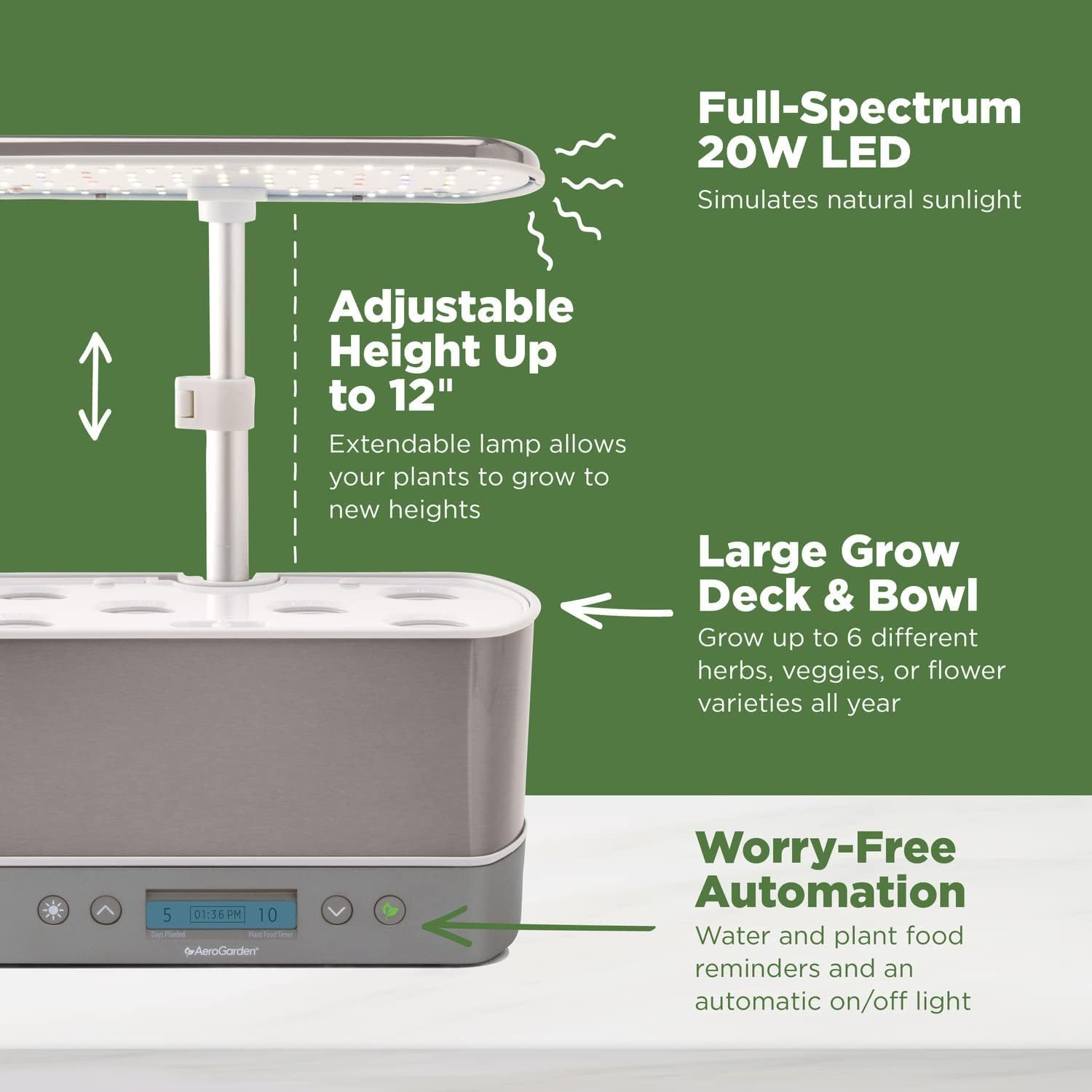 AeroGarden height adjustment demonstration showing 12-inch grow height for taller plants