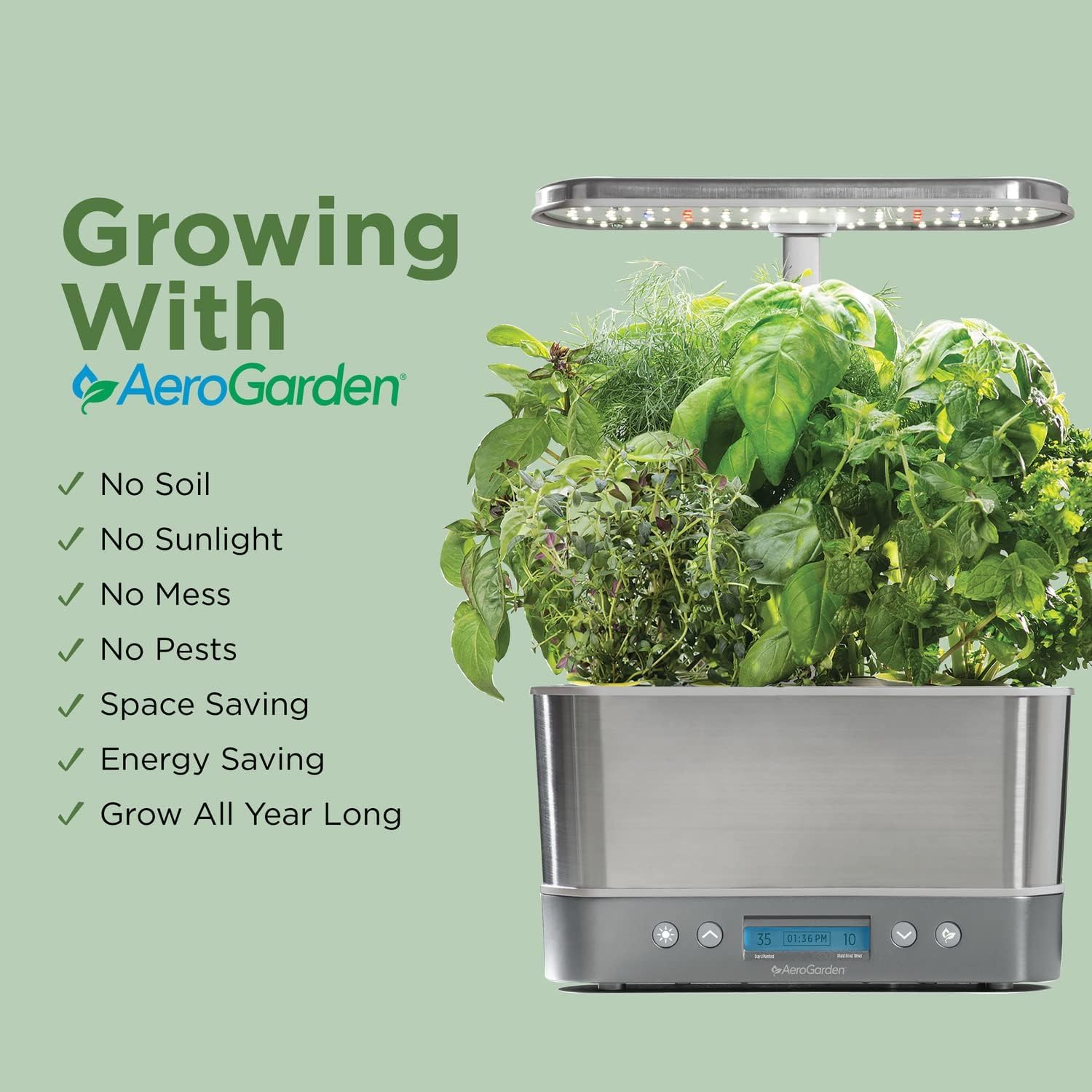 AeroGarden next to apple for scale, showing compact footprint and countertop suitability