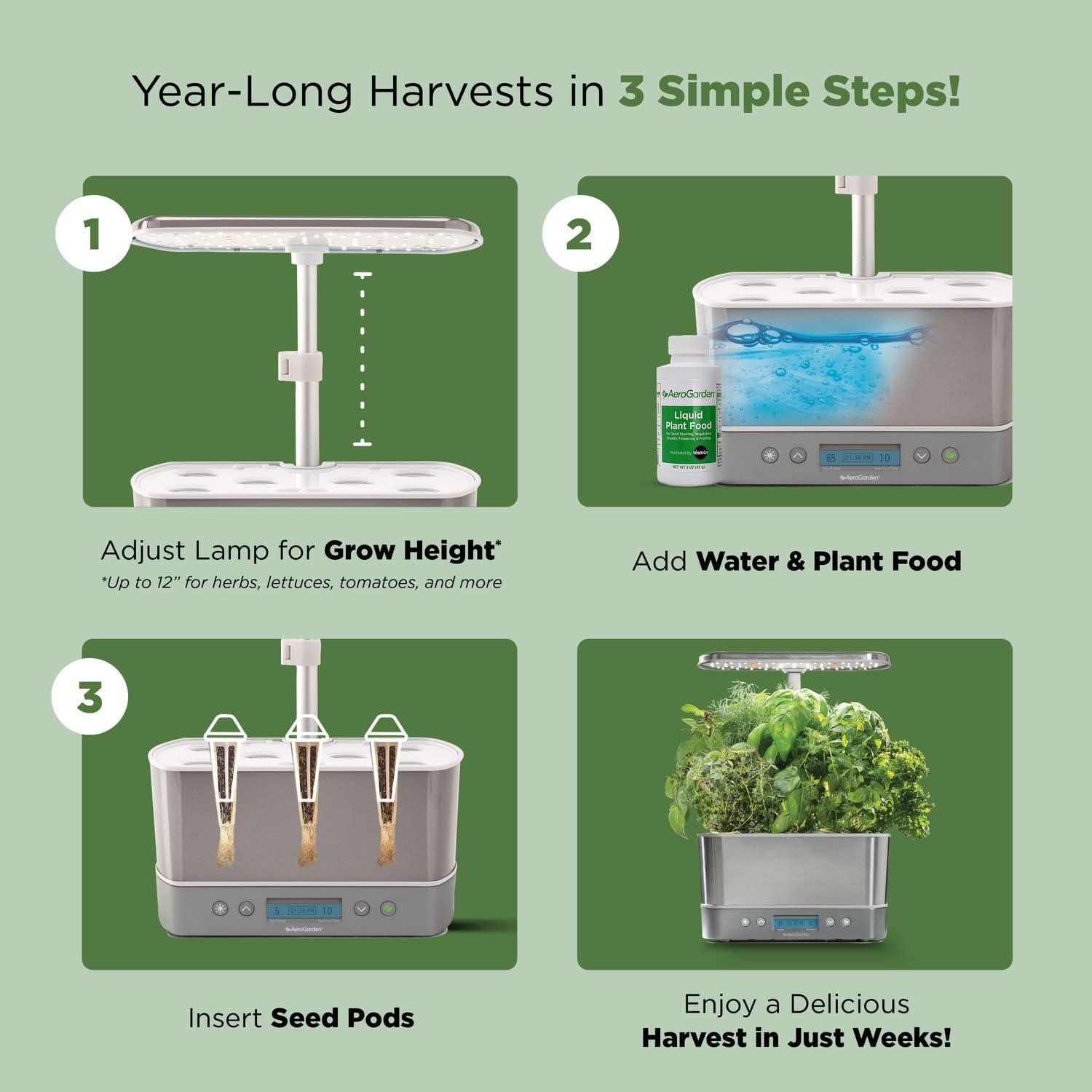 AeroGarden seed pod kit contents with pre-seeded pods and liquid plant food for quick starts