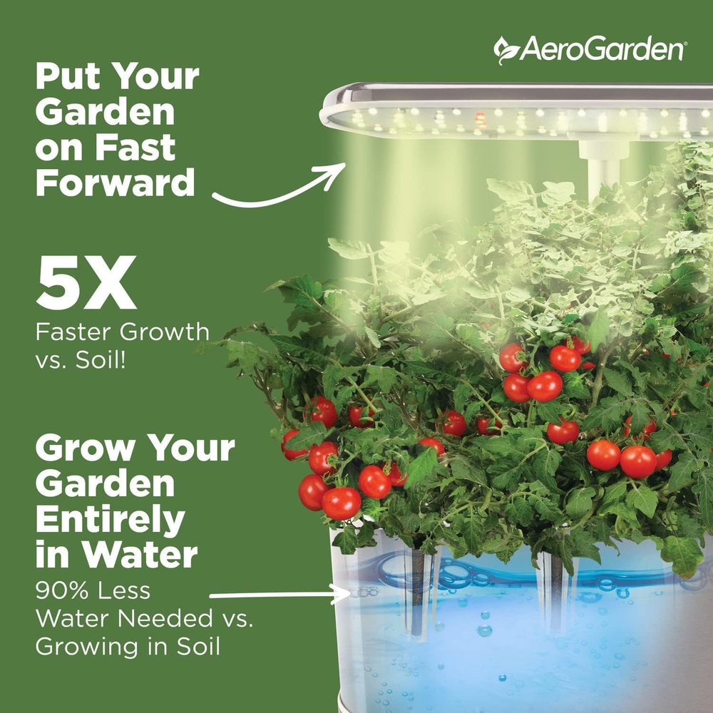 AeroGarden control panel and water basin view indicating automated reminders and easy maintenance