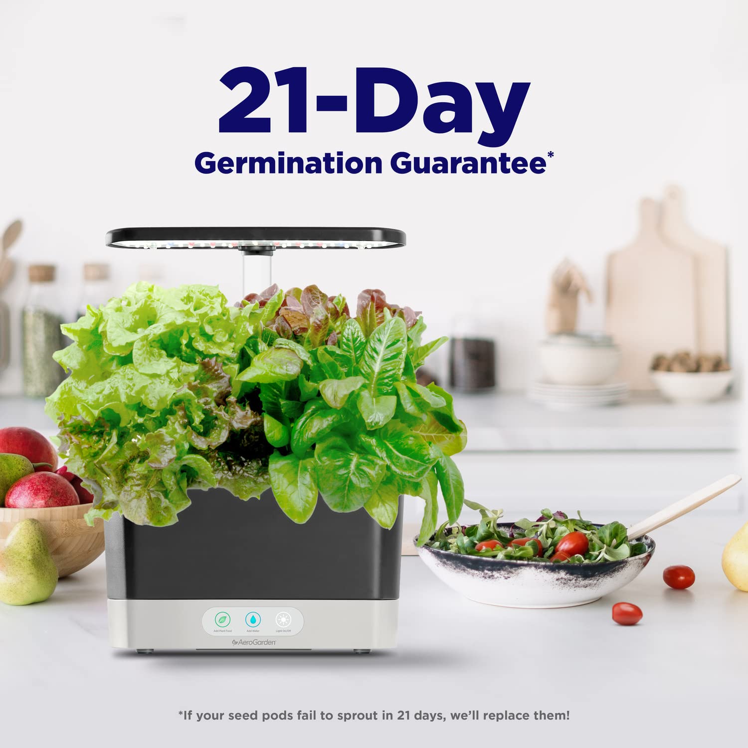 AeroGarden Harvest LED light close-up highlighting full-spectrum 20W lamp for faster growth