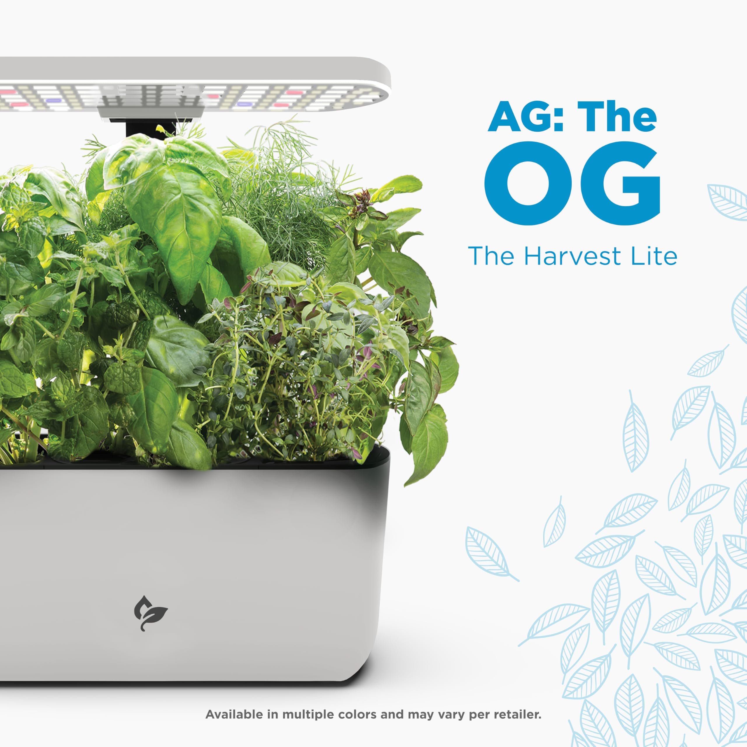 AeroGarden Harvest Lite closeup of LED grow light highlighting energy-efficient spectrum