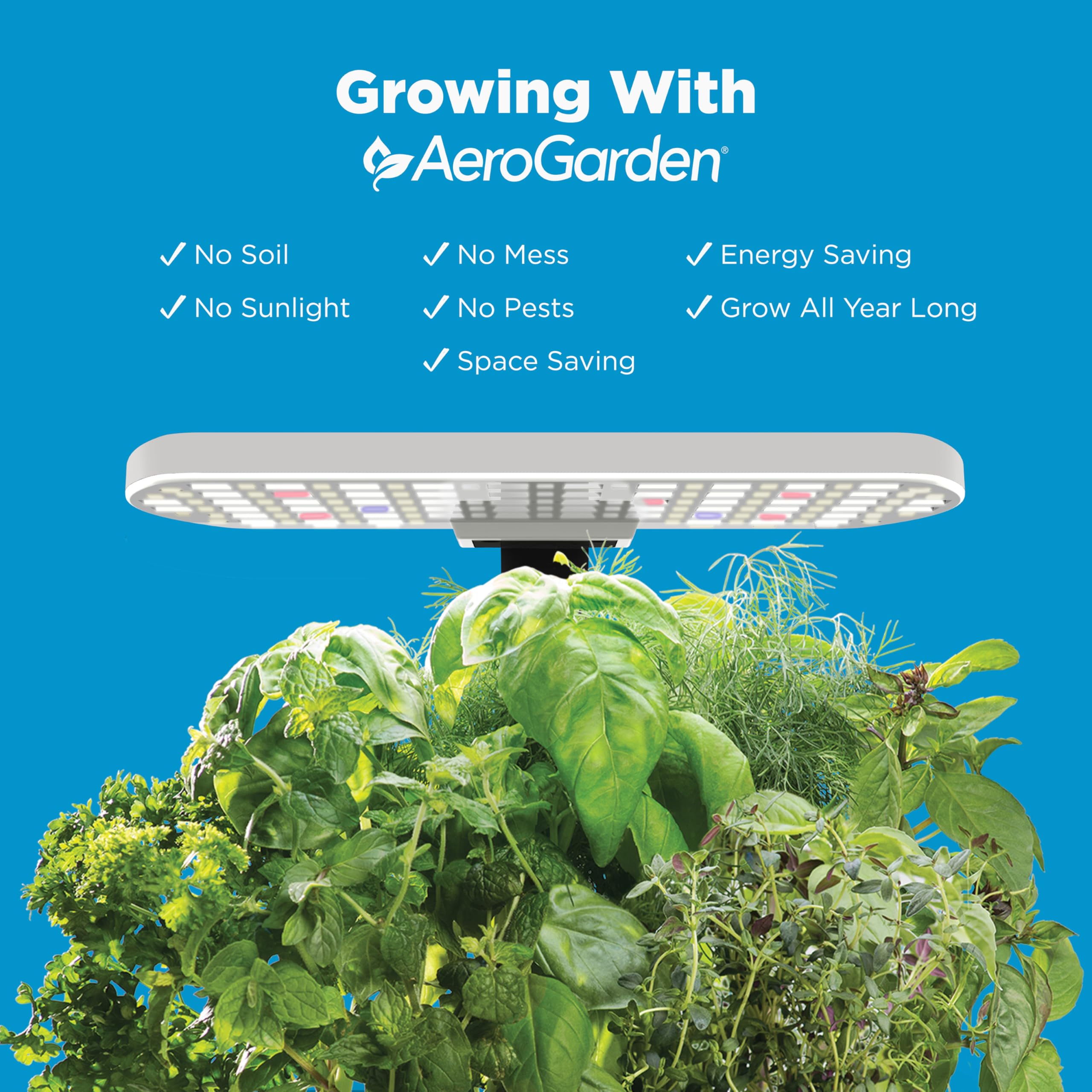 AeroGarden Harvest Lite reservoir showing water level and mess-free hydroponics benefit