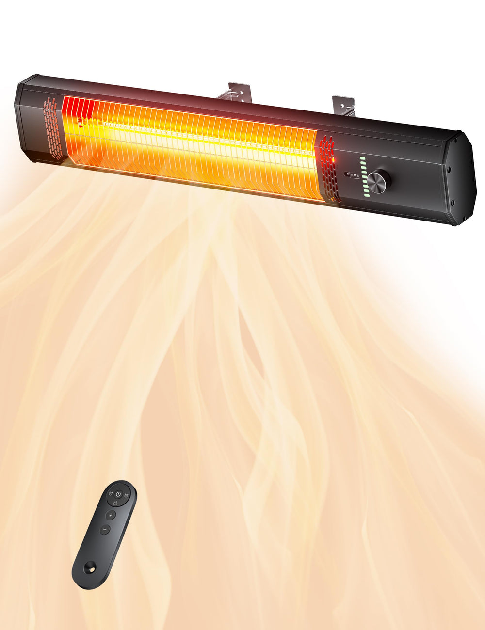AEROZY patio heater front view showing compact design and immediate warmth