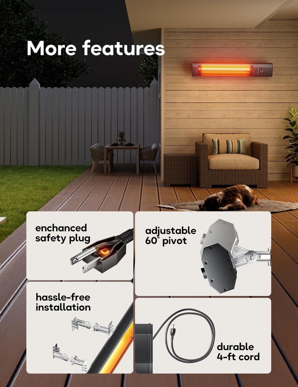 AEROZY heater beside chair for scale showing suitable coverage area