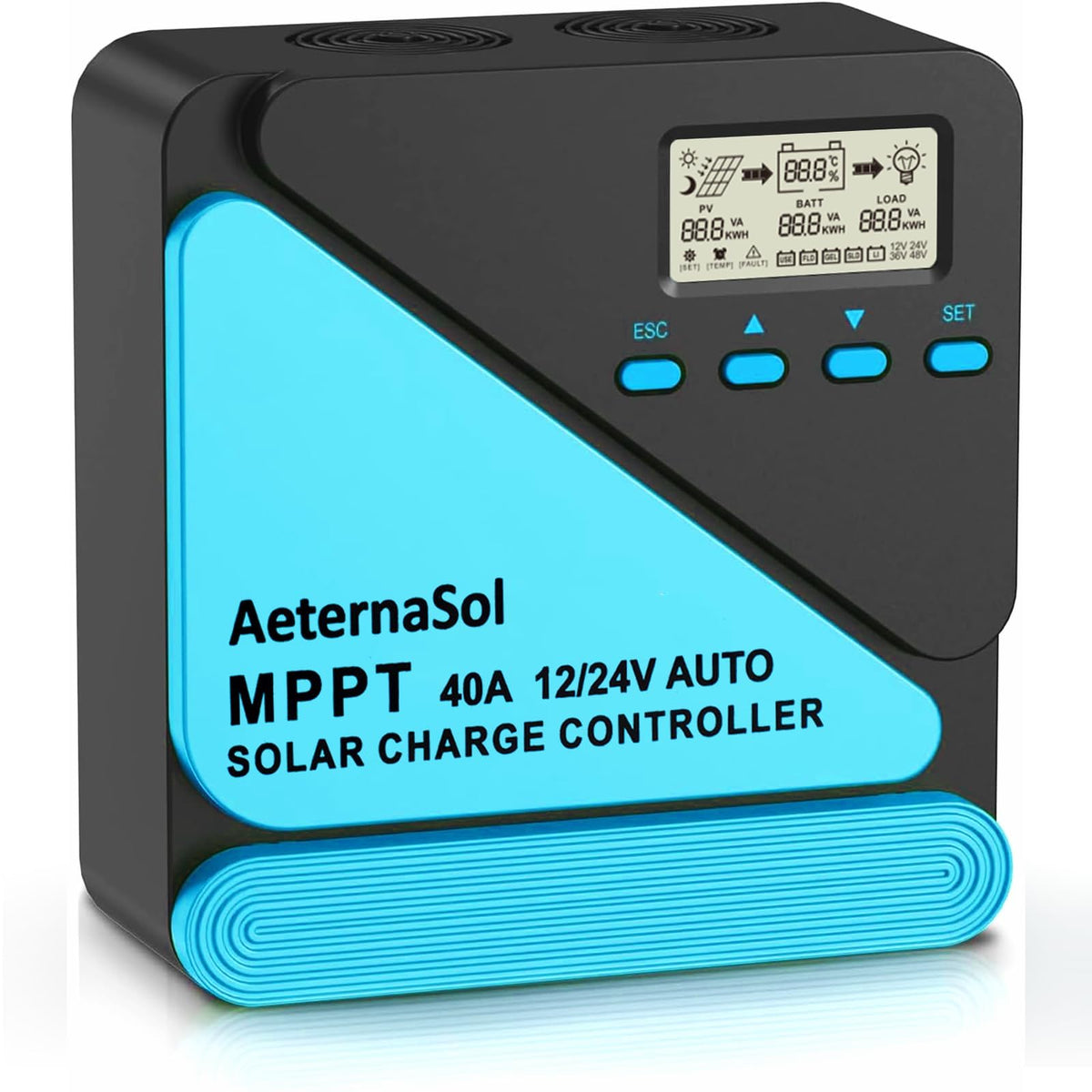 AeternaSol controller front panel showing indicators and terminals, easy system overview
