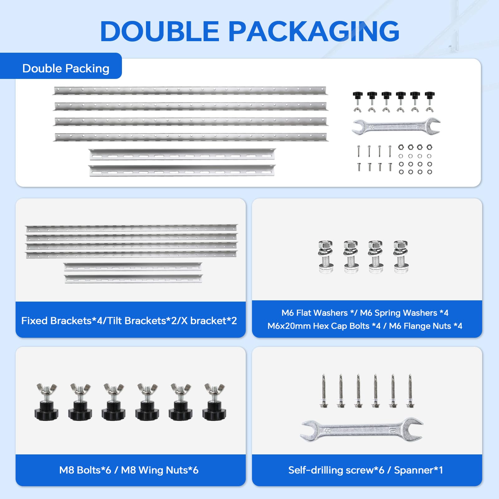 AeternaSol hardware kit spread showing included bolts, nuts, washers and screws