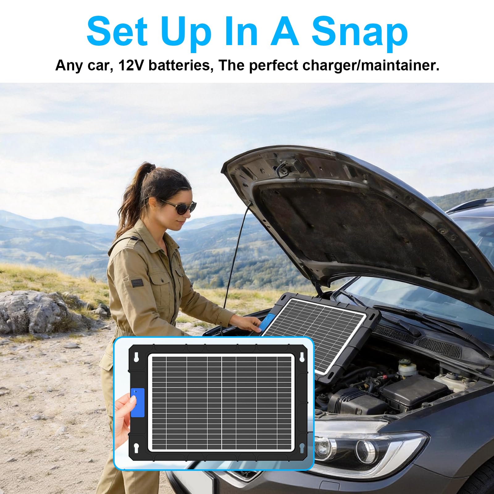 AeternaSol mounted on windshield in vehicle showing hands-free rooftop charging benefit