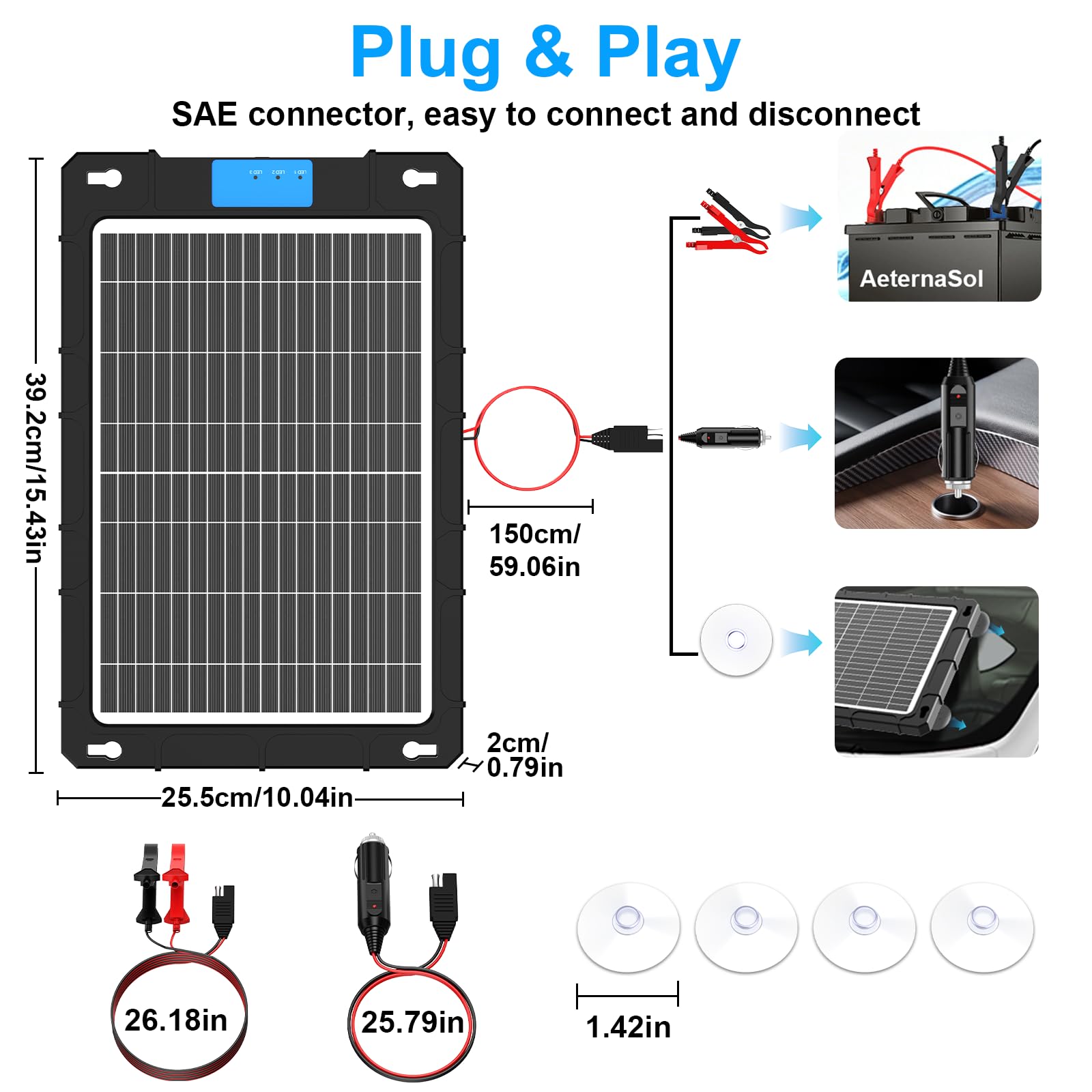 AeternaSol with clamps connected to battery showing universal compatibility benefit