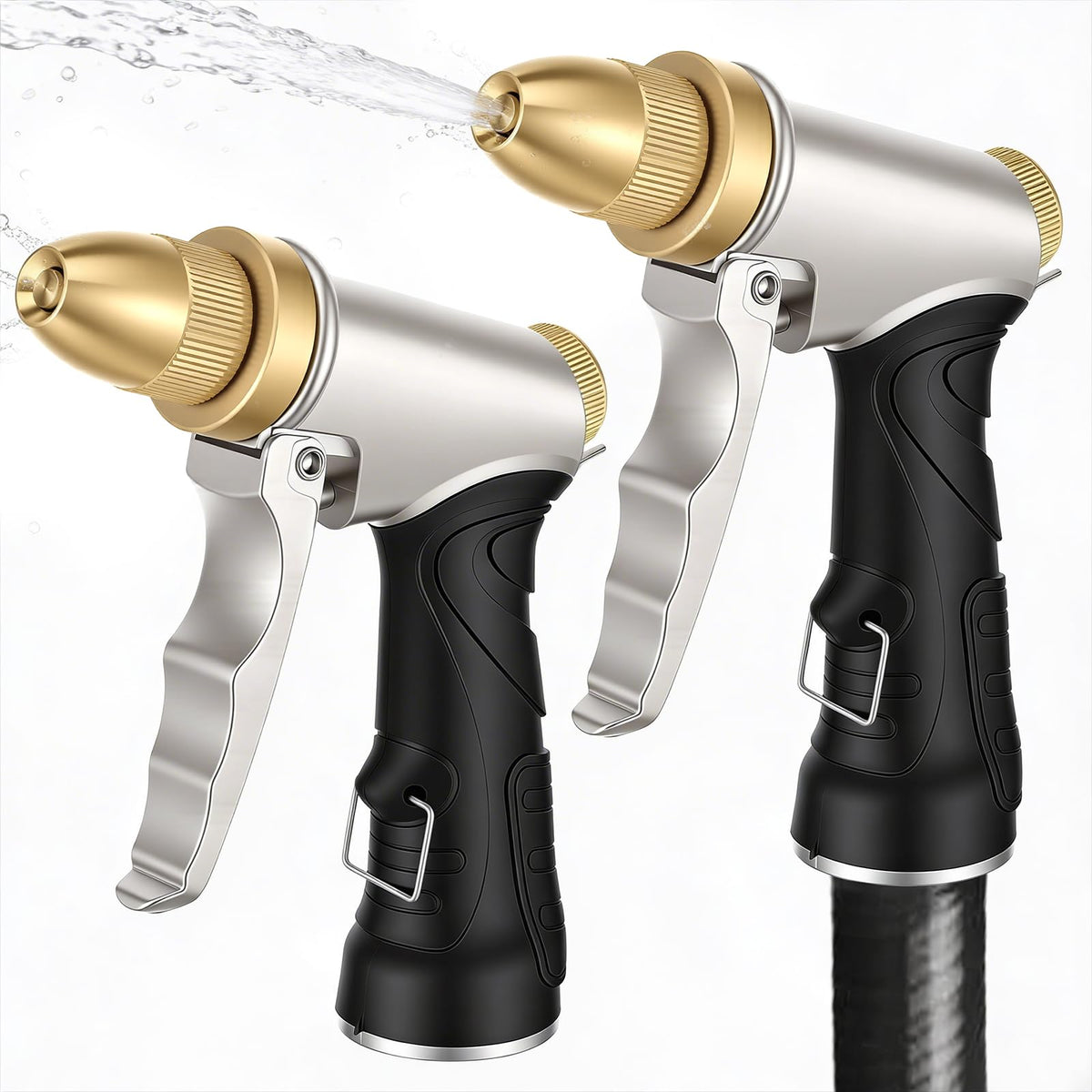 Afcabakila front view of two gold and black metal hose nozzles showing durable construction and reliable performance
