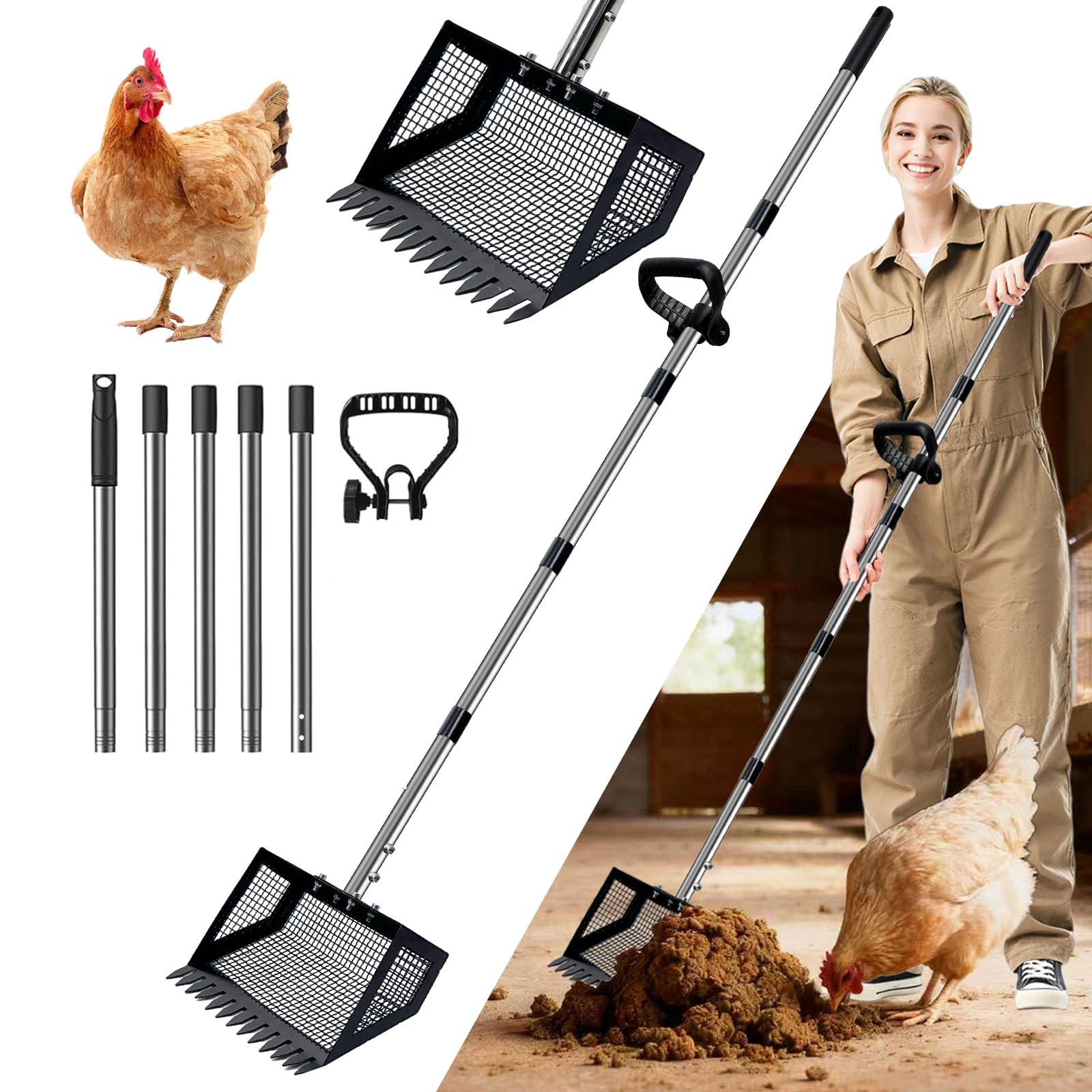 Affiuya front view of rake and scoop showing wide U-shaped head for faster cleanup