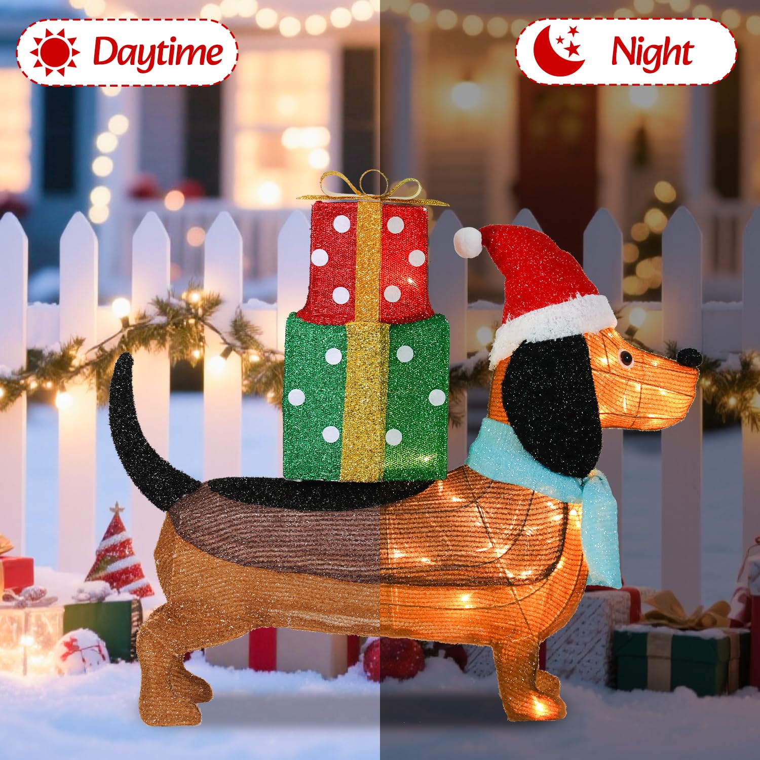 Afirst dachshund Santa hat and blue scarf detail for playful styling