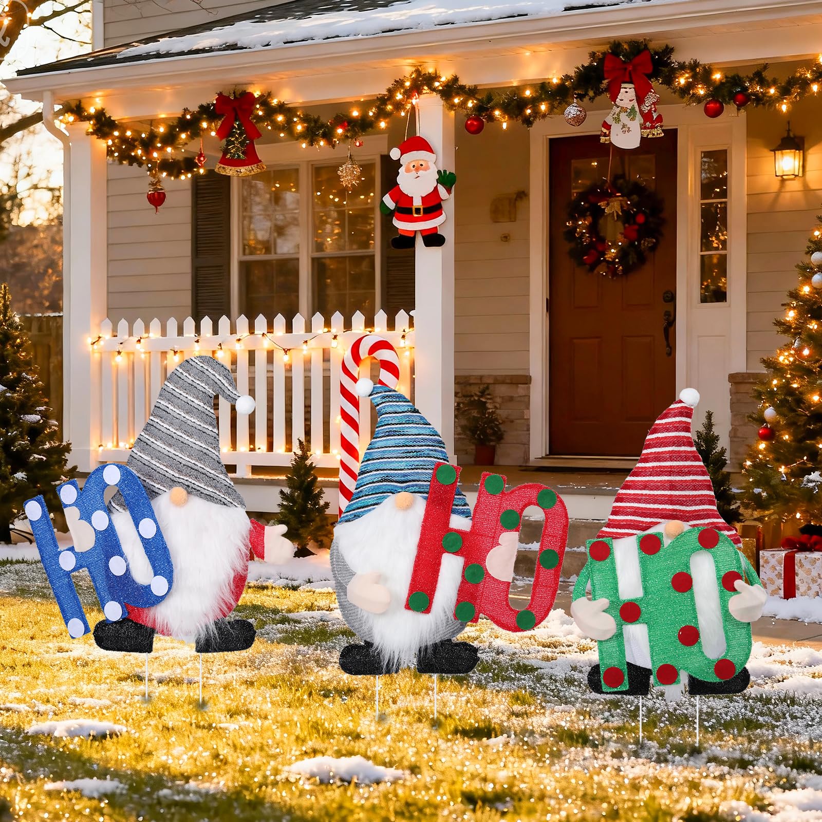 Afirst gnomes lit at night providing warm glow and curbside curb appeal