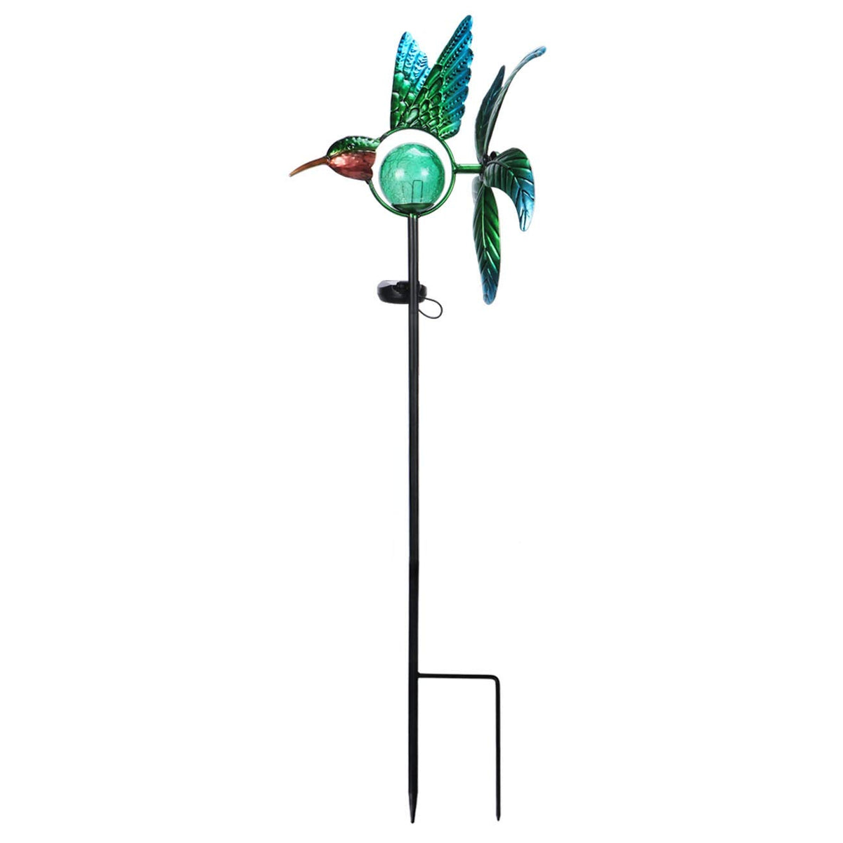 Afirst front view showing hummingbird spinner and stake, enhances garden focus