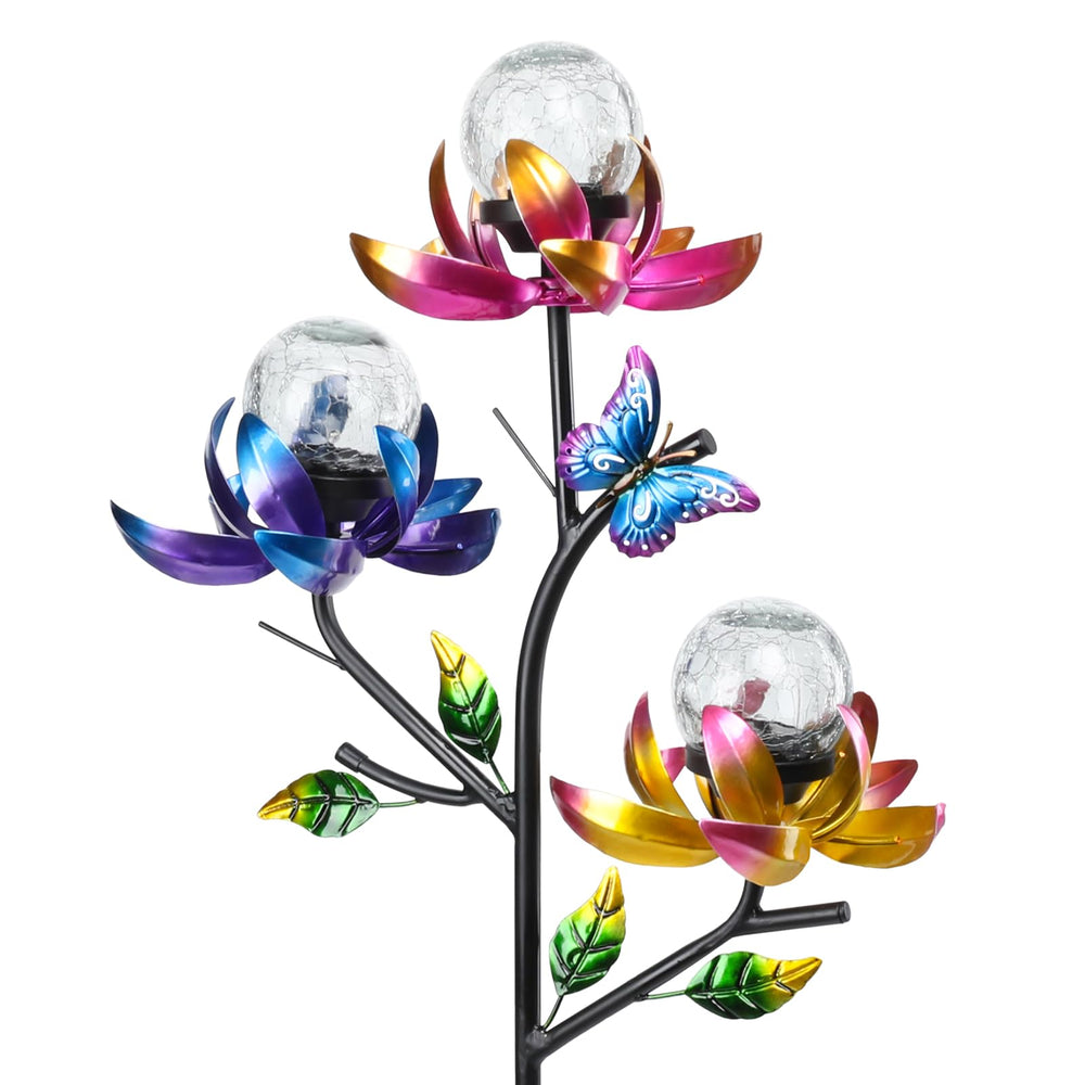 Afirst metal lotus front view showing colorful petals and butterfly, decorative focal point