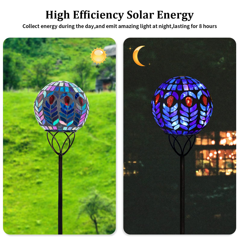 Afirst glowing mosaic ball at night casting colorful patterns for ambiance