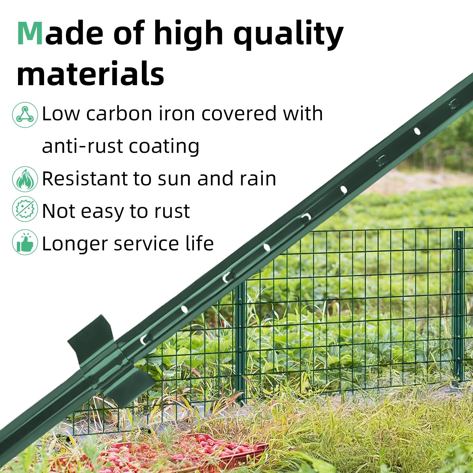 AggFencer 4ft U-post driven into garden soil demonstrating no-dig installation speed