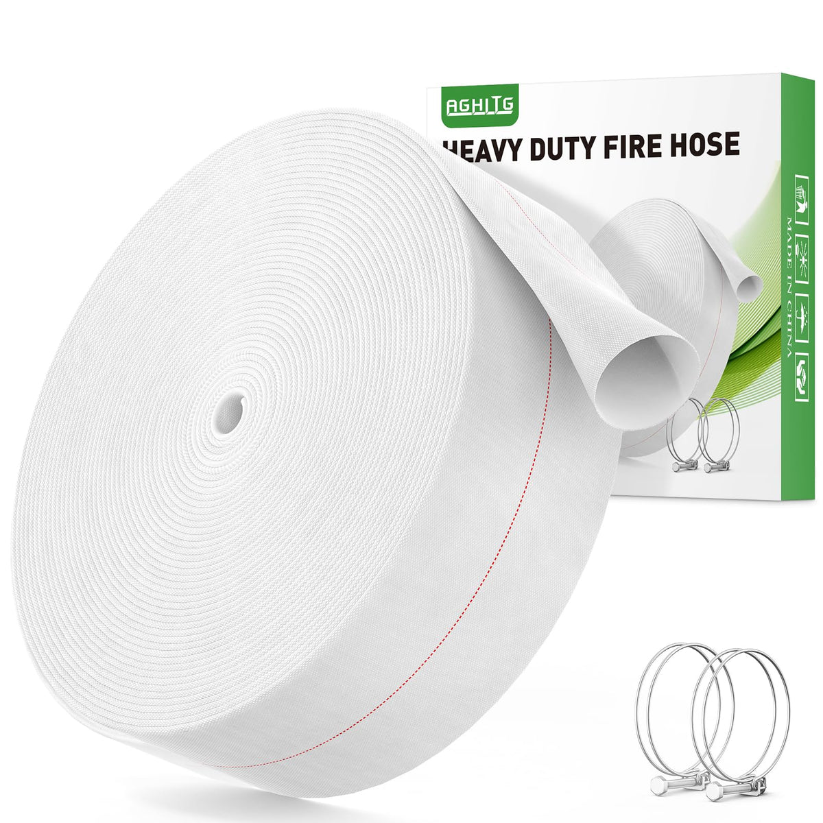 AGHITG front view of coiled 100 ft hose showing bright white jacket and connectors, easy identification